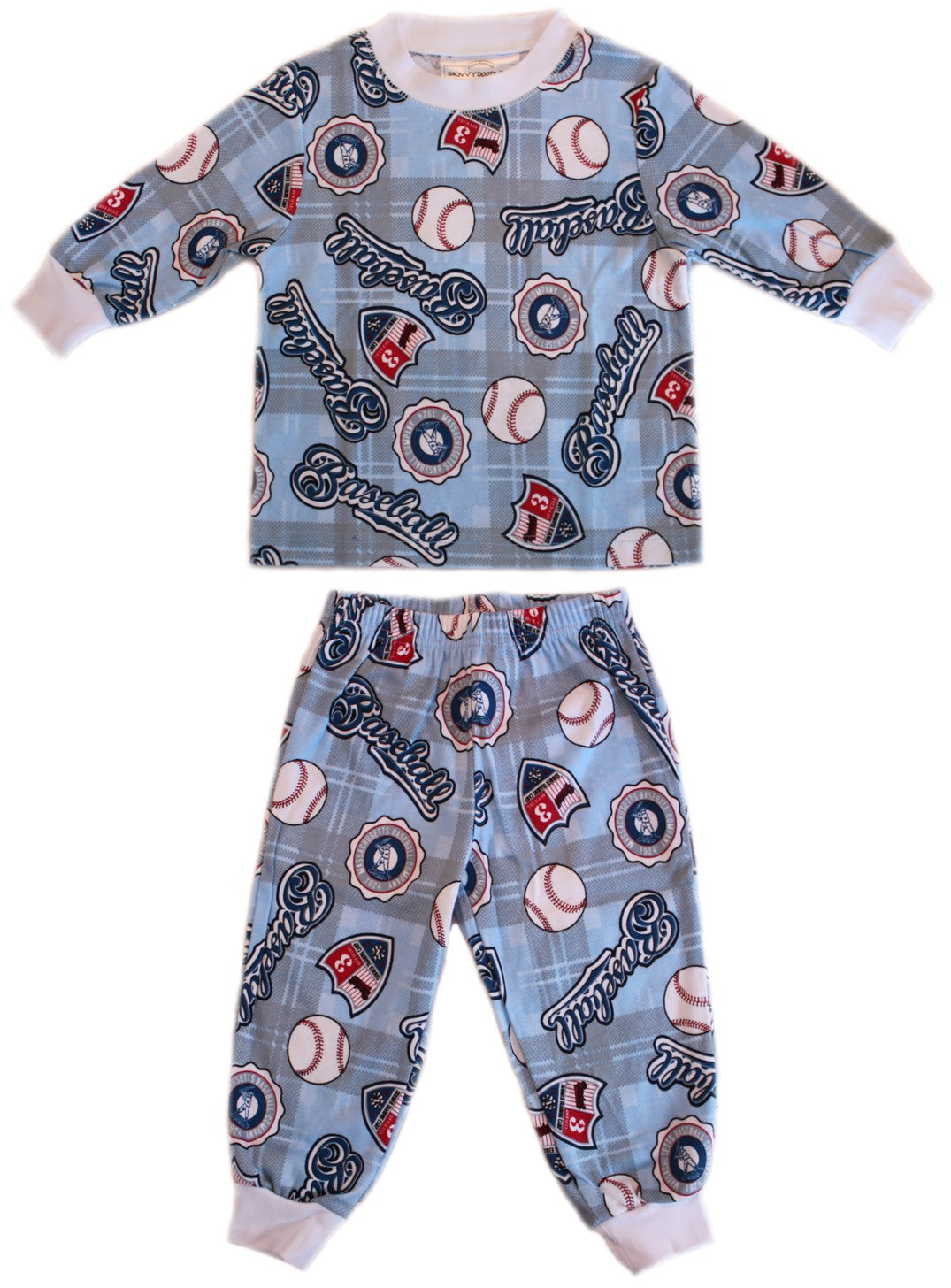 Children's pajama set with baseball-themed pattern on a white background