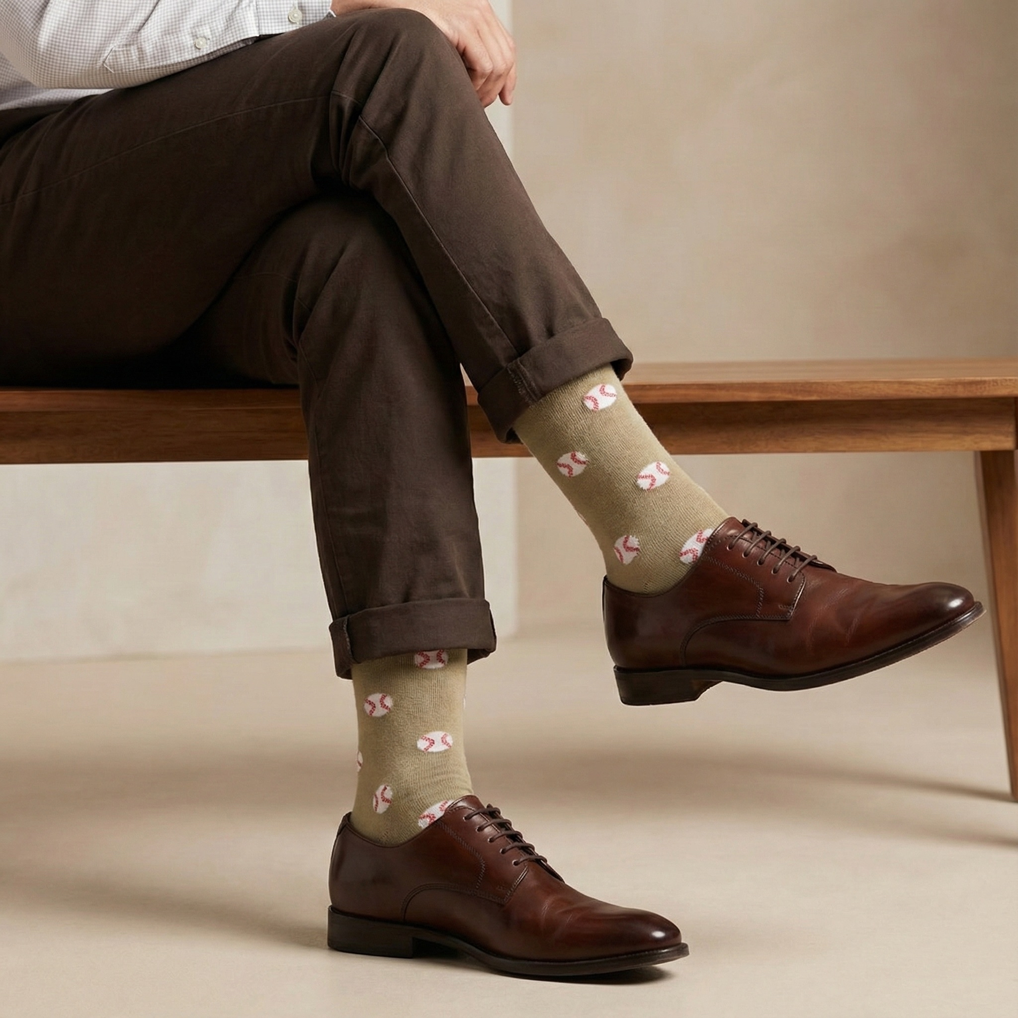 Person wearing brown shoes and patterned baseball socks sitting on a wooden bench.