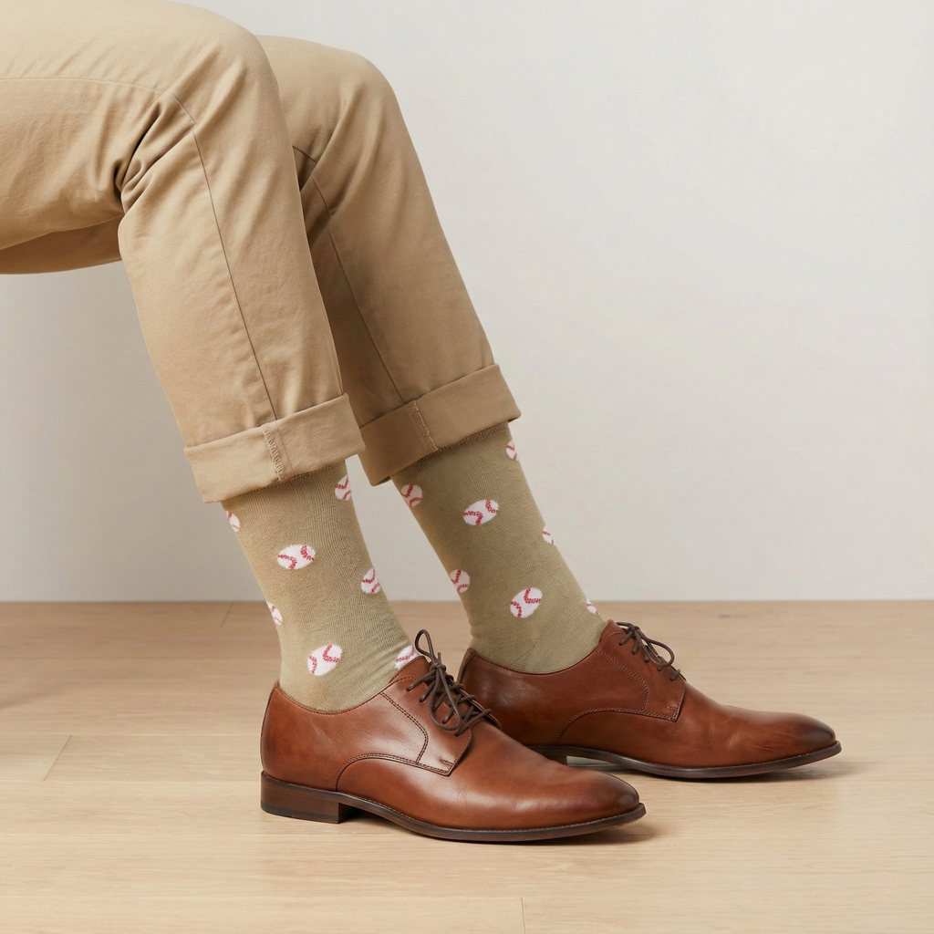 Person wearing brown leather shoes and beige pants with baseball patterned socks on a wooden floor.