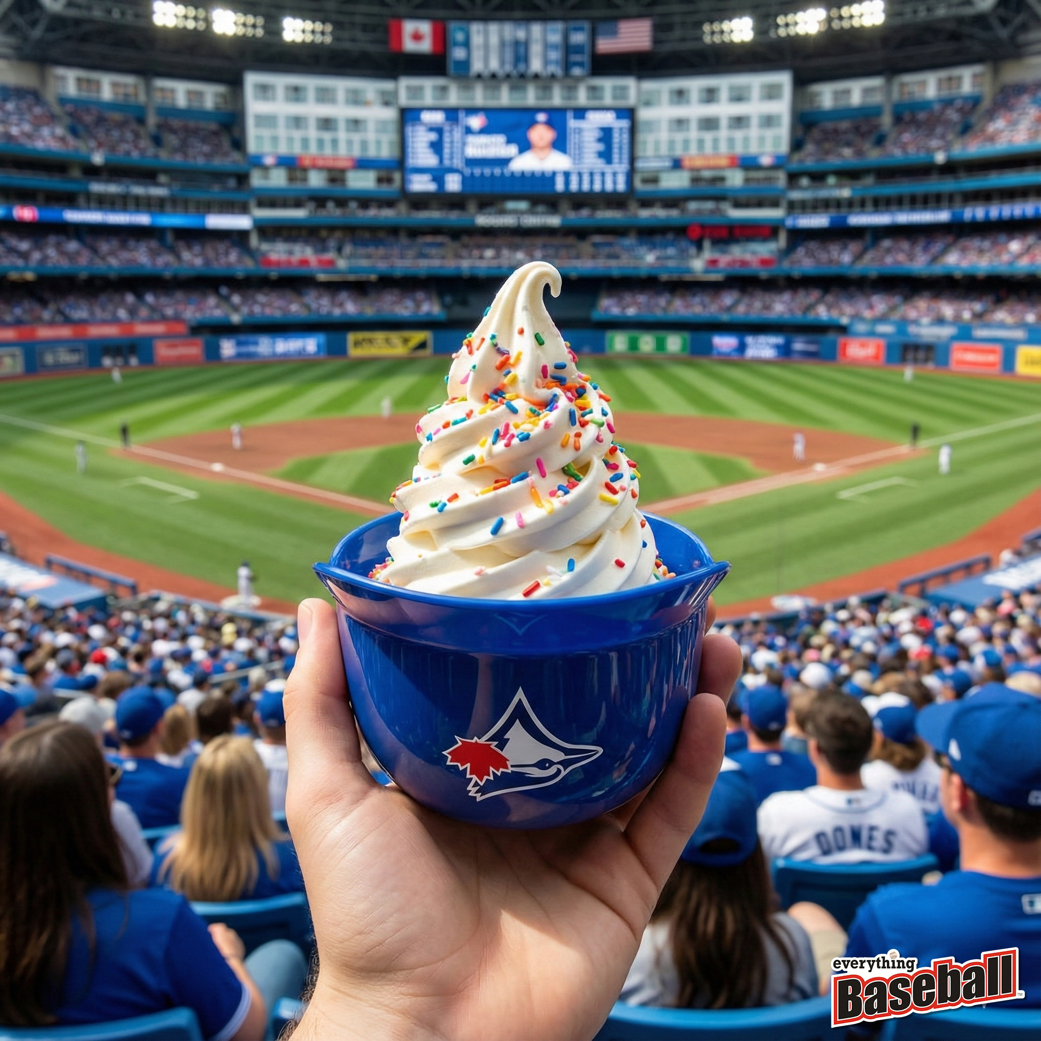 Toronto Blue Jays ice cream sundae with colorful sprinkles held up in front of a baseball stadium.