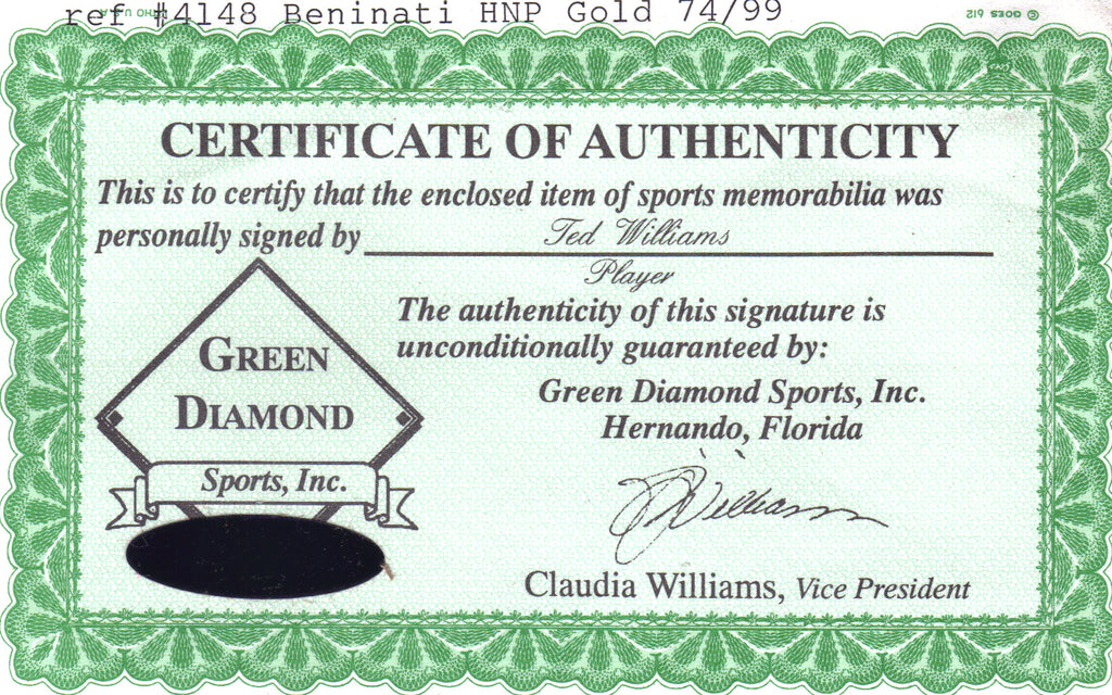 Certificate of Authenticity for Ted Williams sports memorabilia with Green Diamond Sports, Inc. branding.