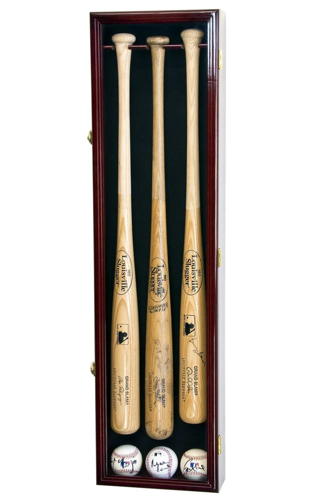 Set of three baseball bats in a wooden display case with baseballs below on a white background