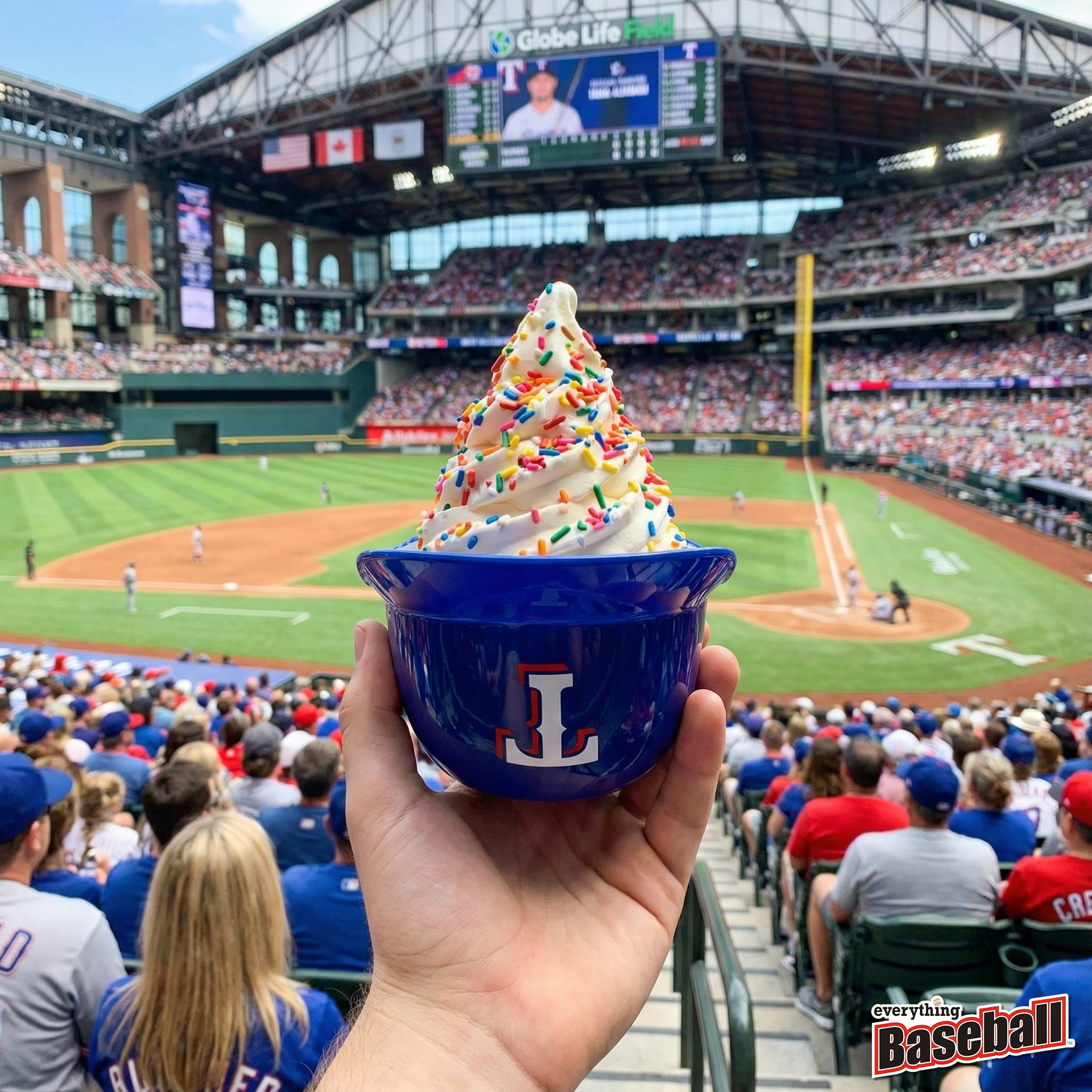Texas Rangers helmet bowl with ice cream at a baseball game