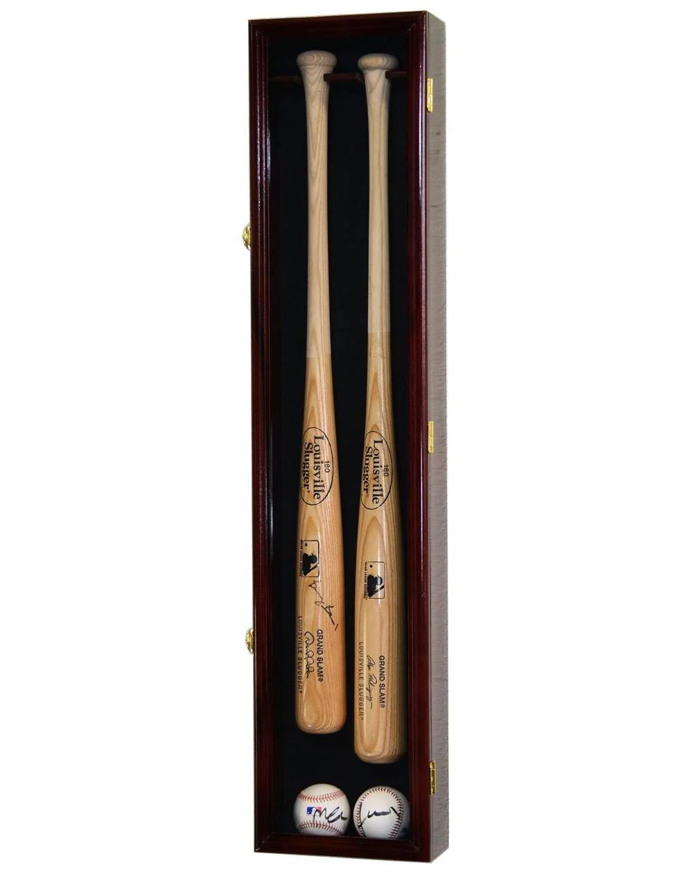 Two wooden baseball bats and two baseballs in a dark wood display case on a white background