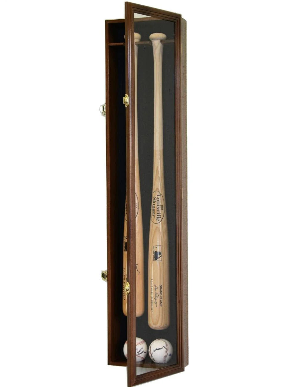 Wooden baseball bat and ball displayed in a wall-mounted case on a white background