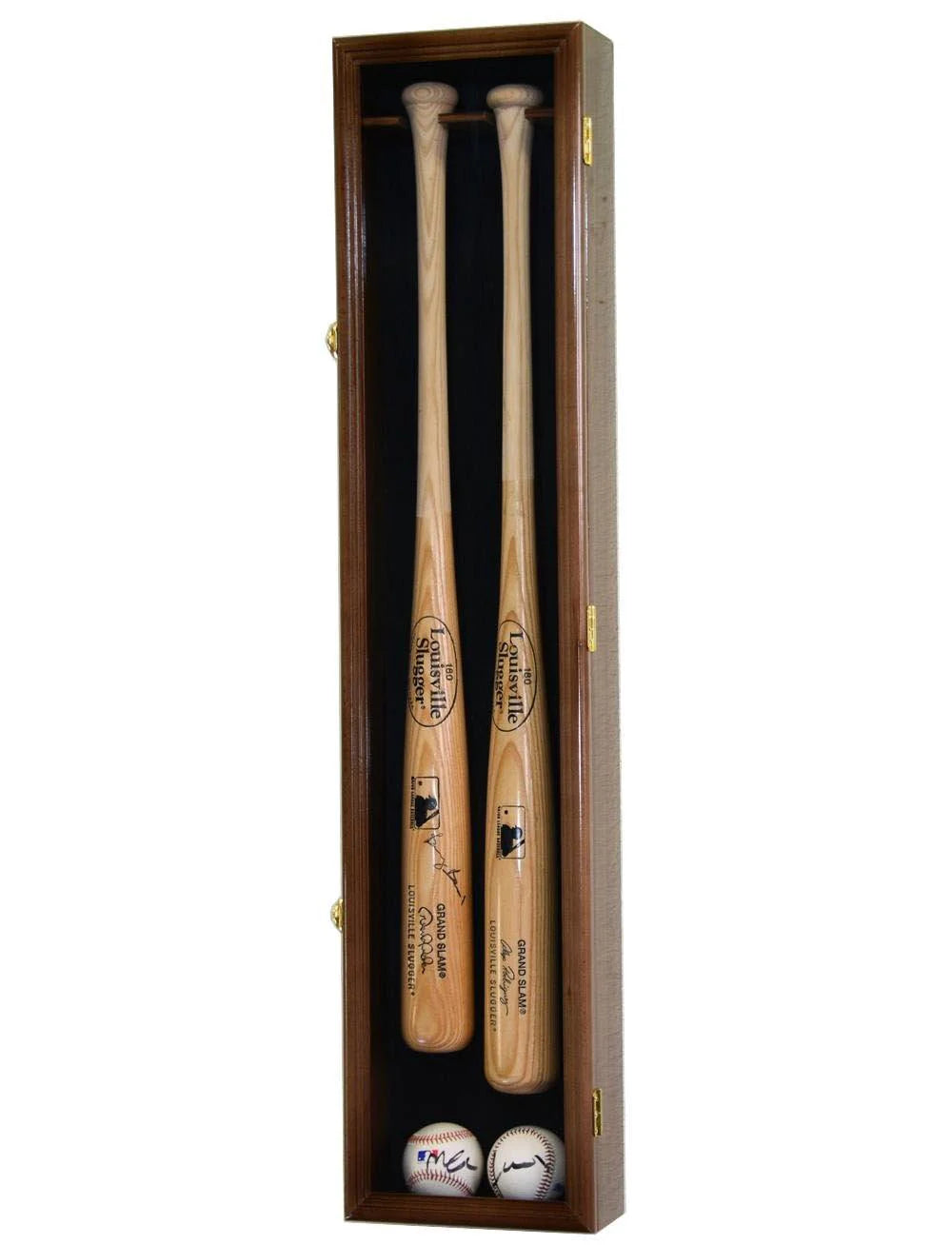 Two wooden baseball bats in a wooden case with two baseballs on a white background
