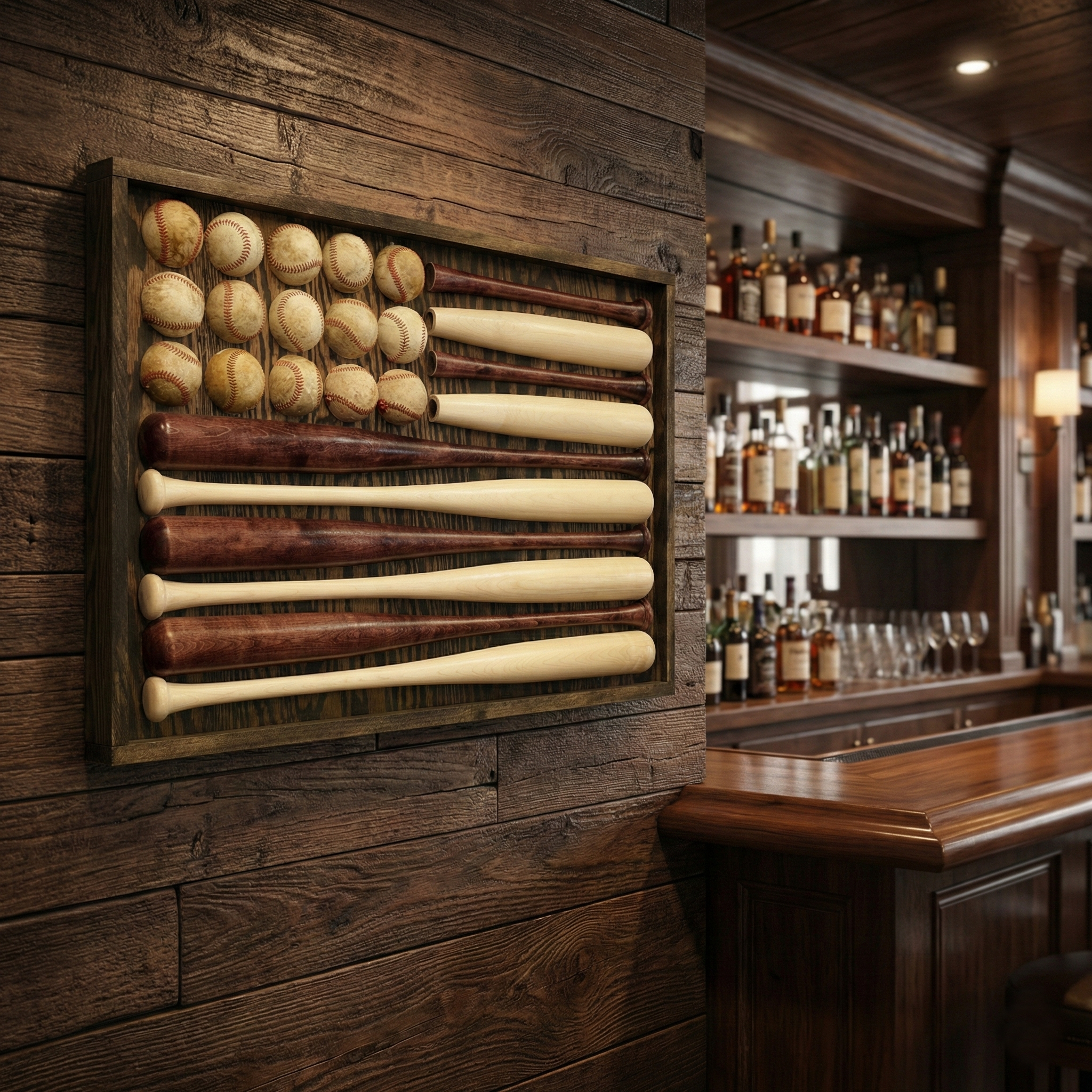 Vintage American Flag Wall Art Made with Baseballs and Bats on a wall in a bar