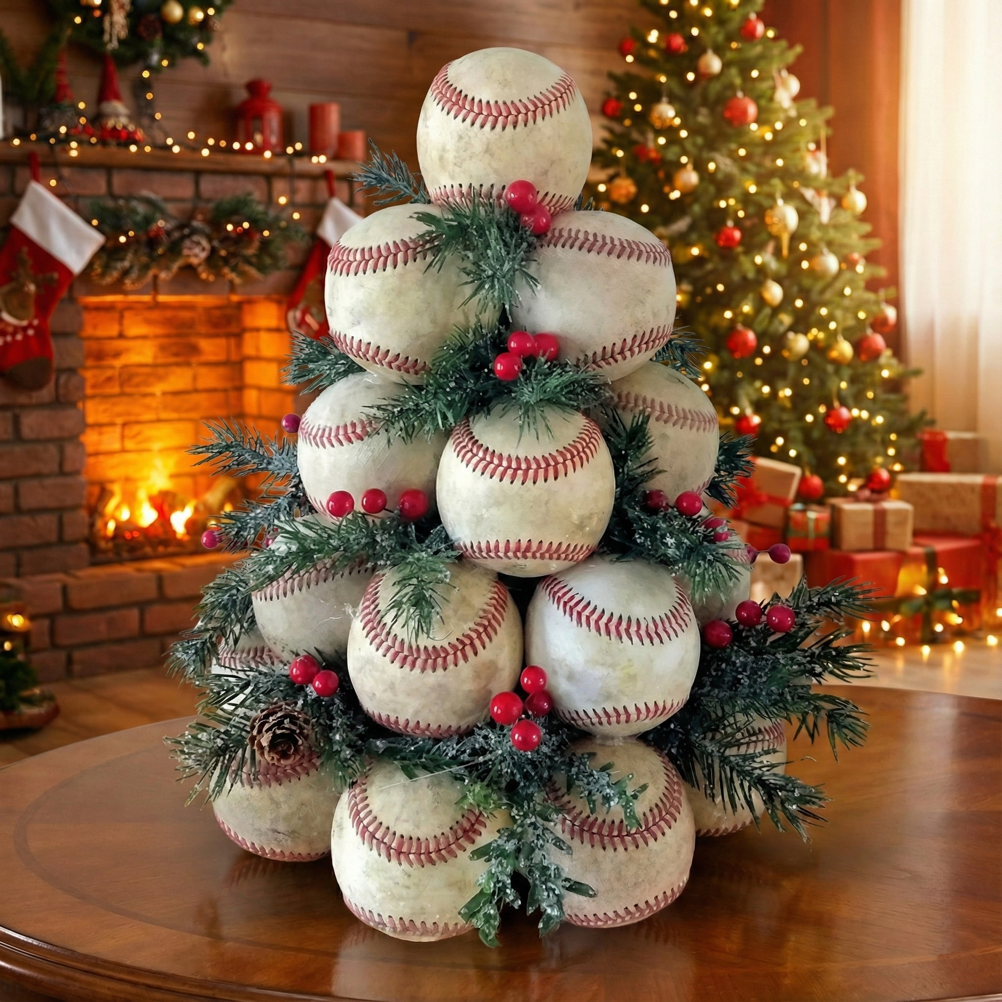 Decorative tree made of real used leather baseballs with Christmas decorations in a festive room.