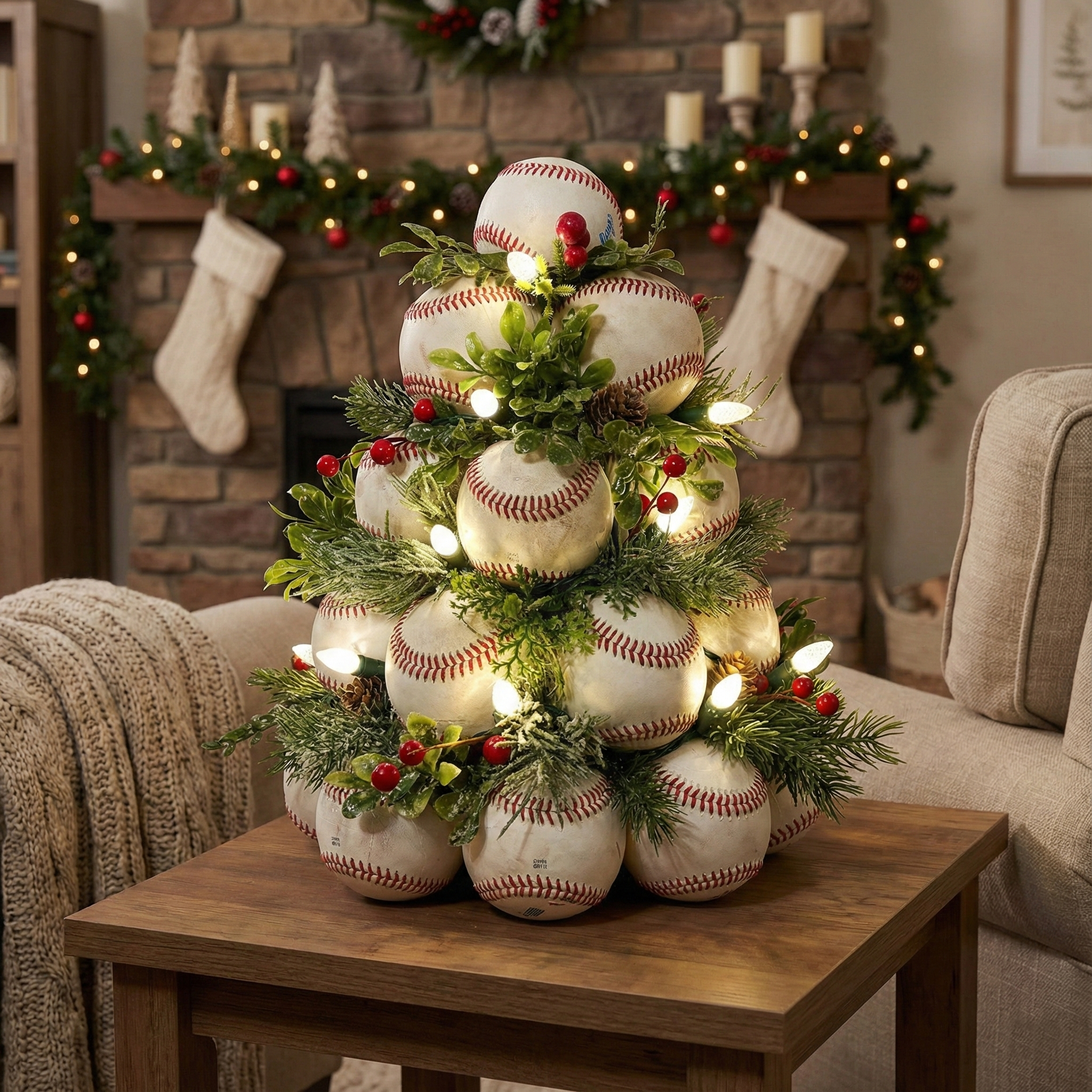 Christmas tree with lights made of used leather baseballs on a wooden table with festive decorations in the background.