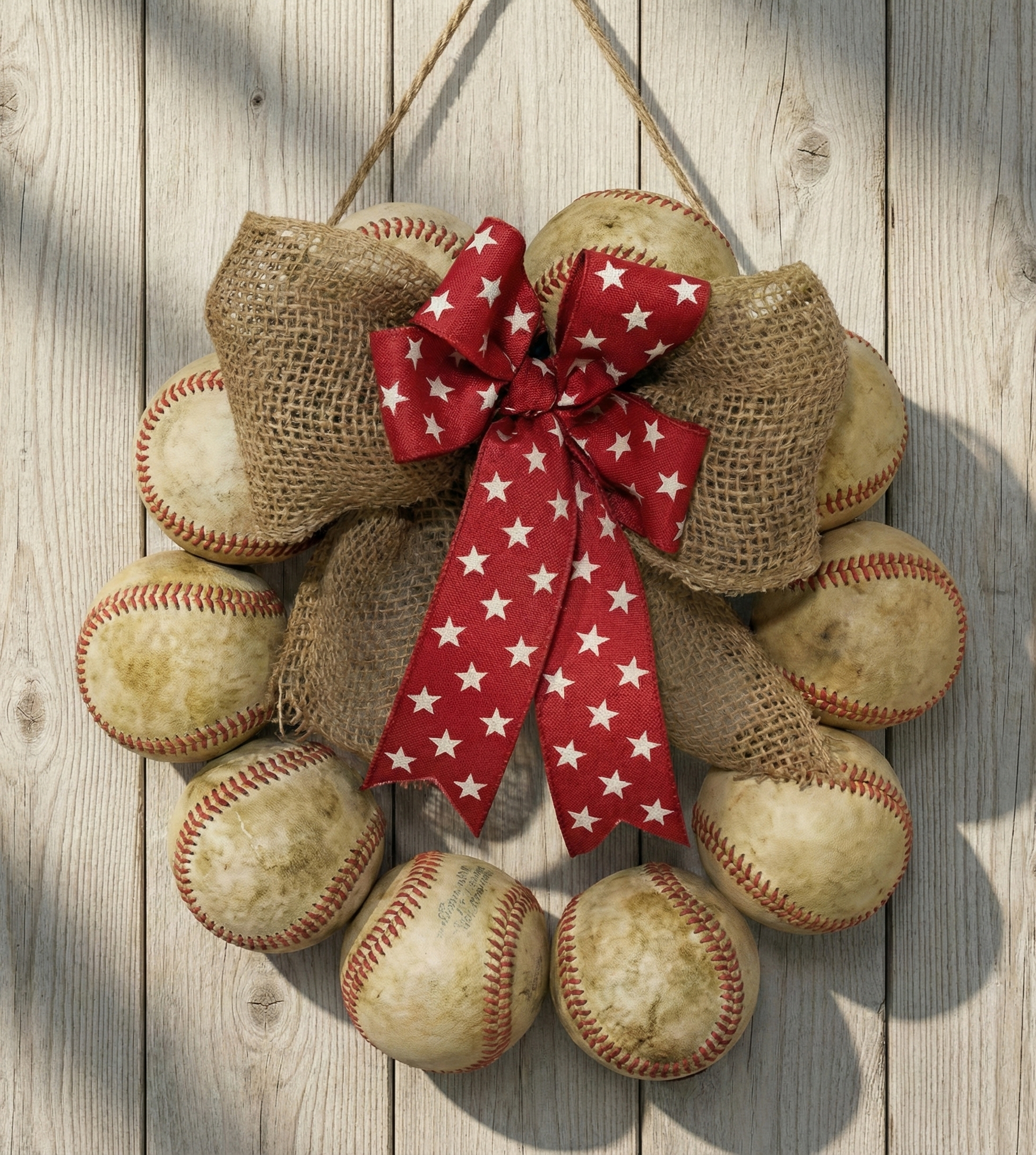 Decorative wreath made of real used leather baseballs with a red bow on a wooden surface