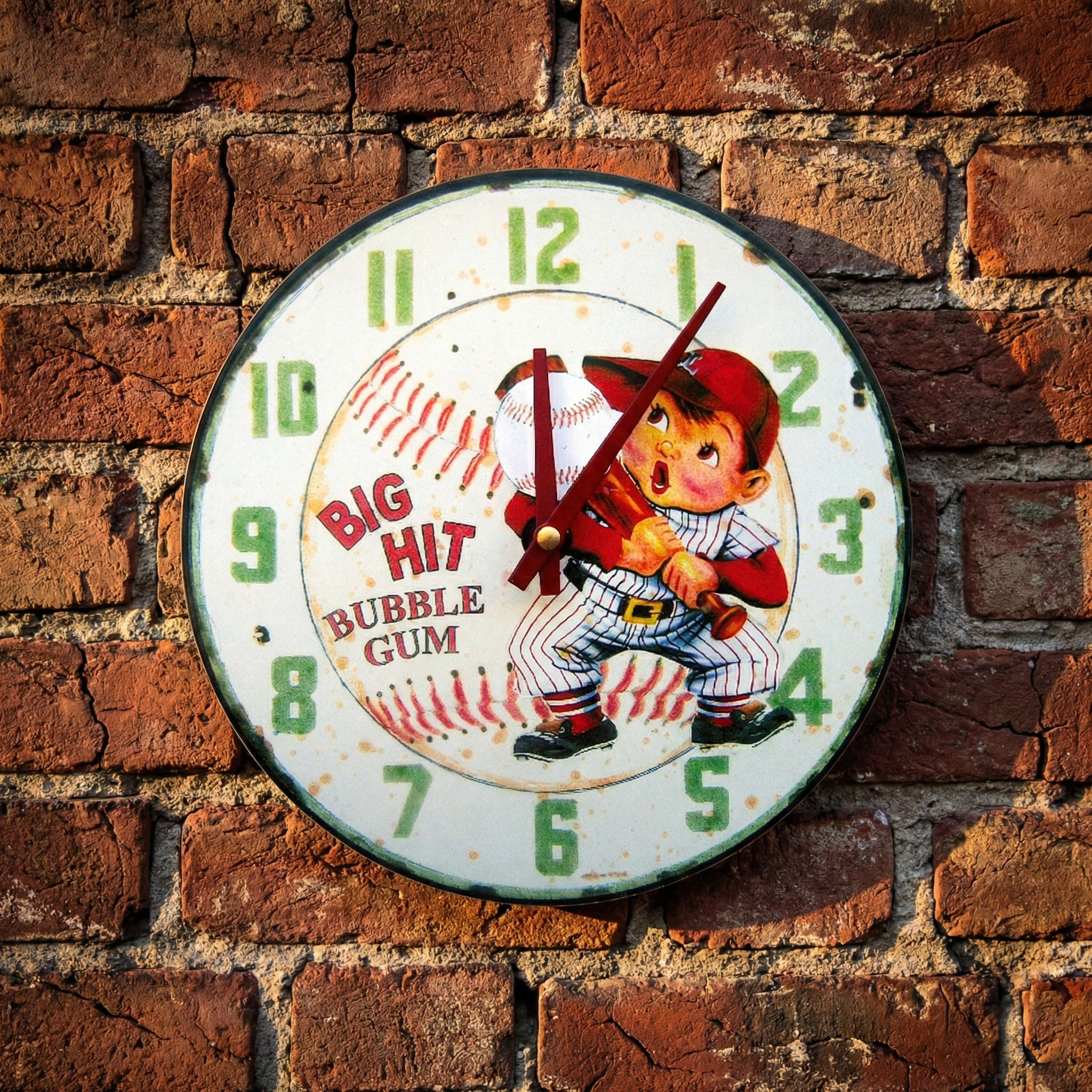 Vintage-style clock with a baseball player Big Hit Bubble Gum design on a brick wall.