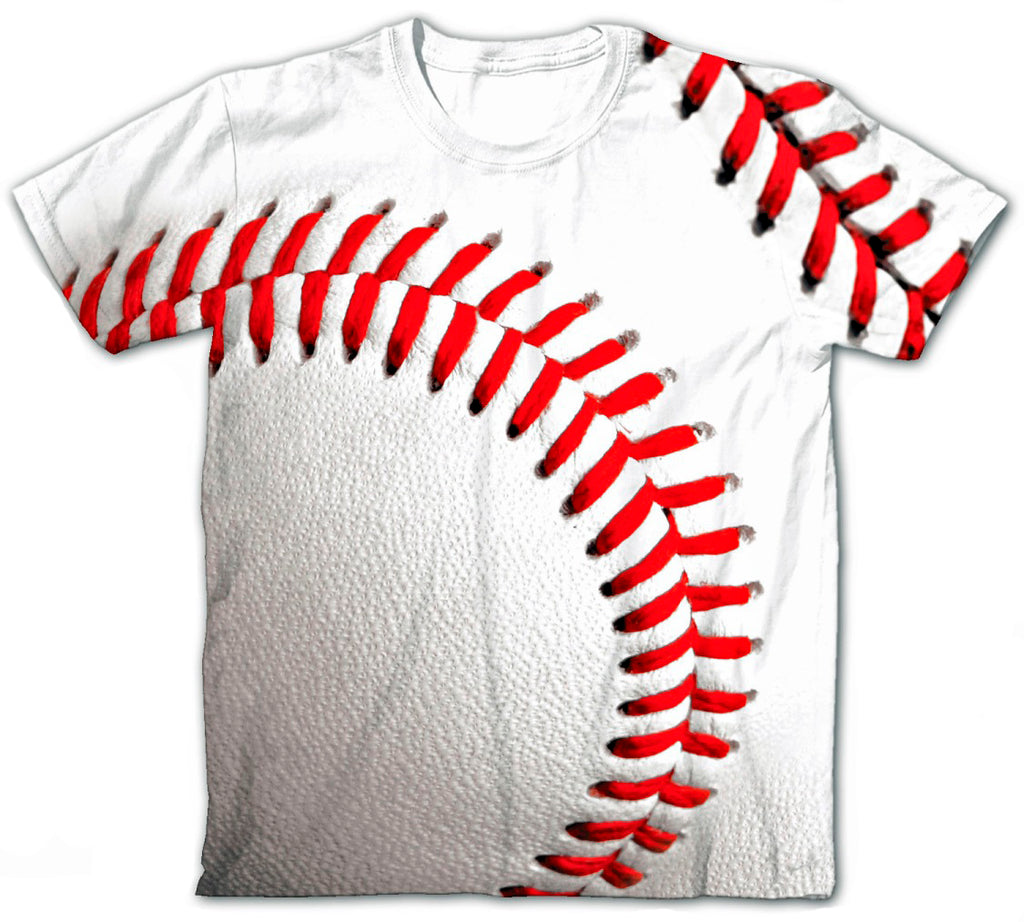 White t-shirt with red baseball stitching design on a white background