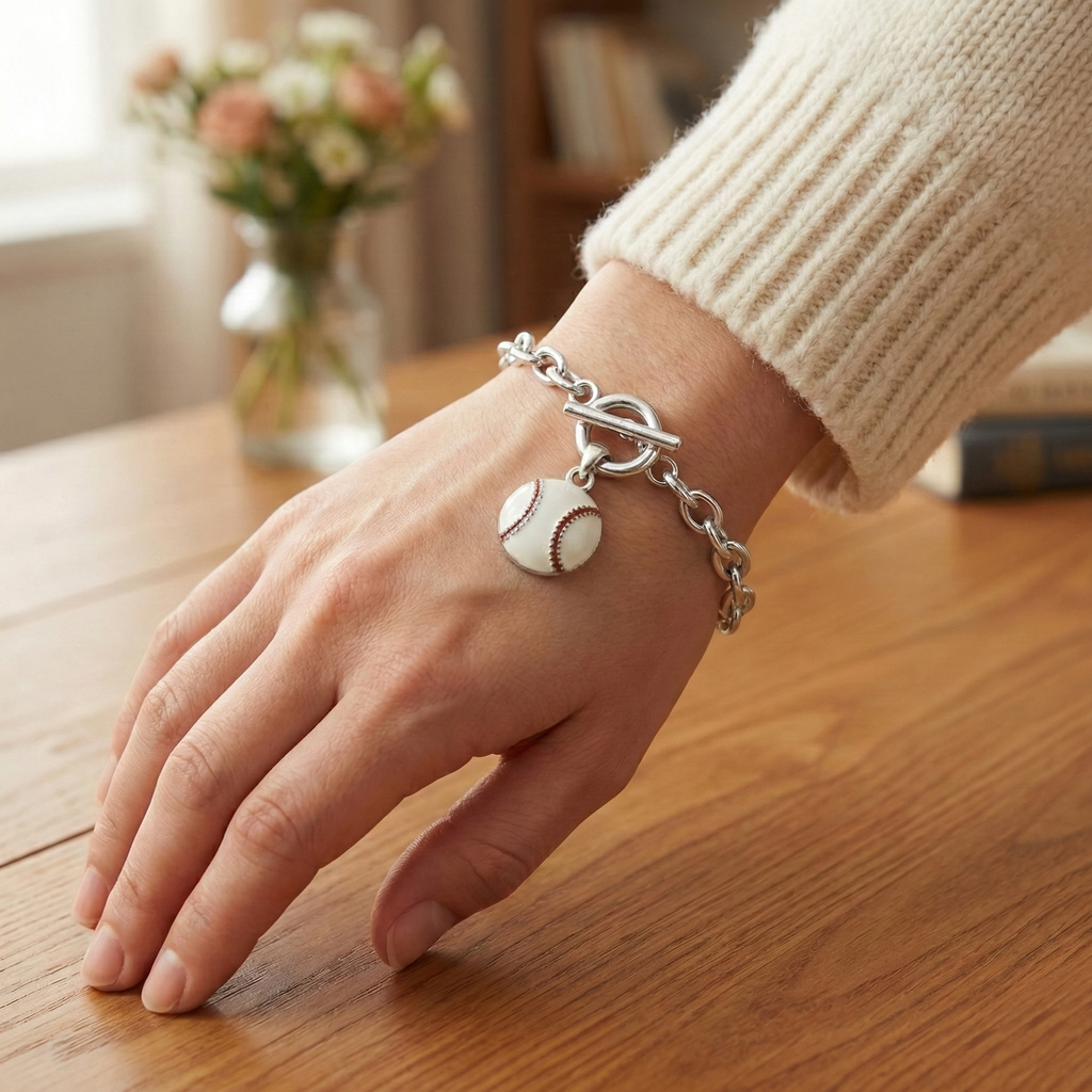 White Baseball toggle bracelet on a woman's wrist