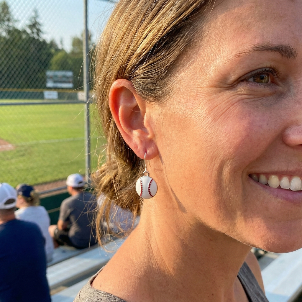 Woman wearing baseball-themed earrings at a sports event