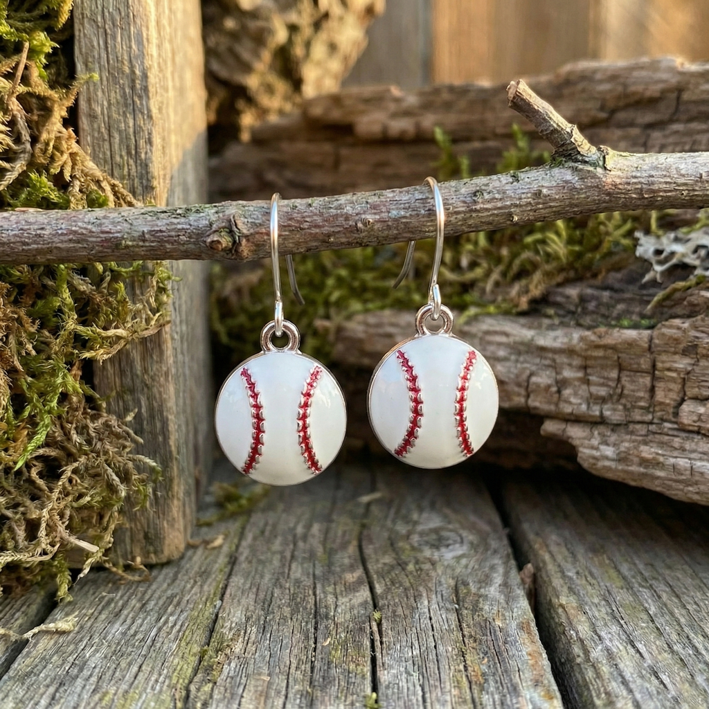 Baseball-shaped dangle hook earrings on a branch with wooden and moss background