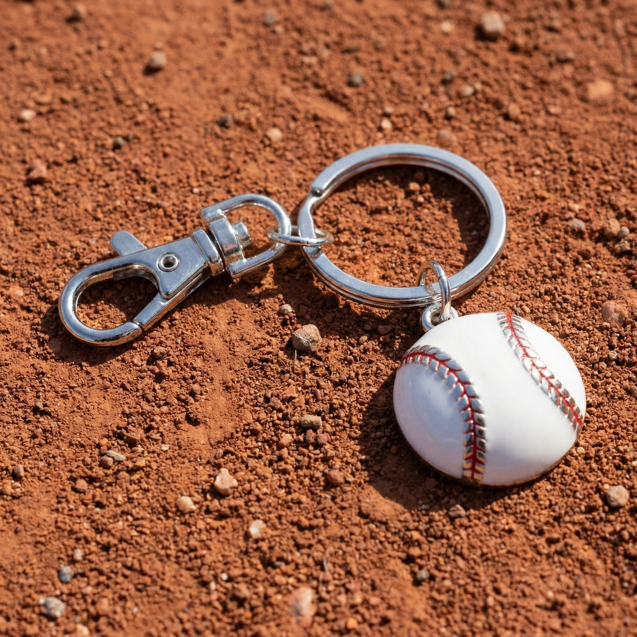 Baseball keychain on a dirt surface