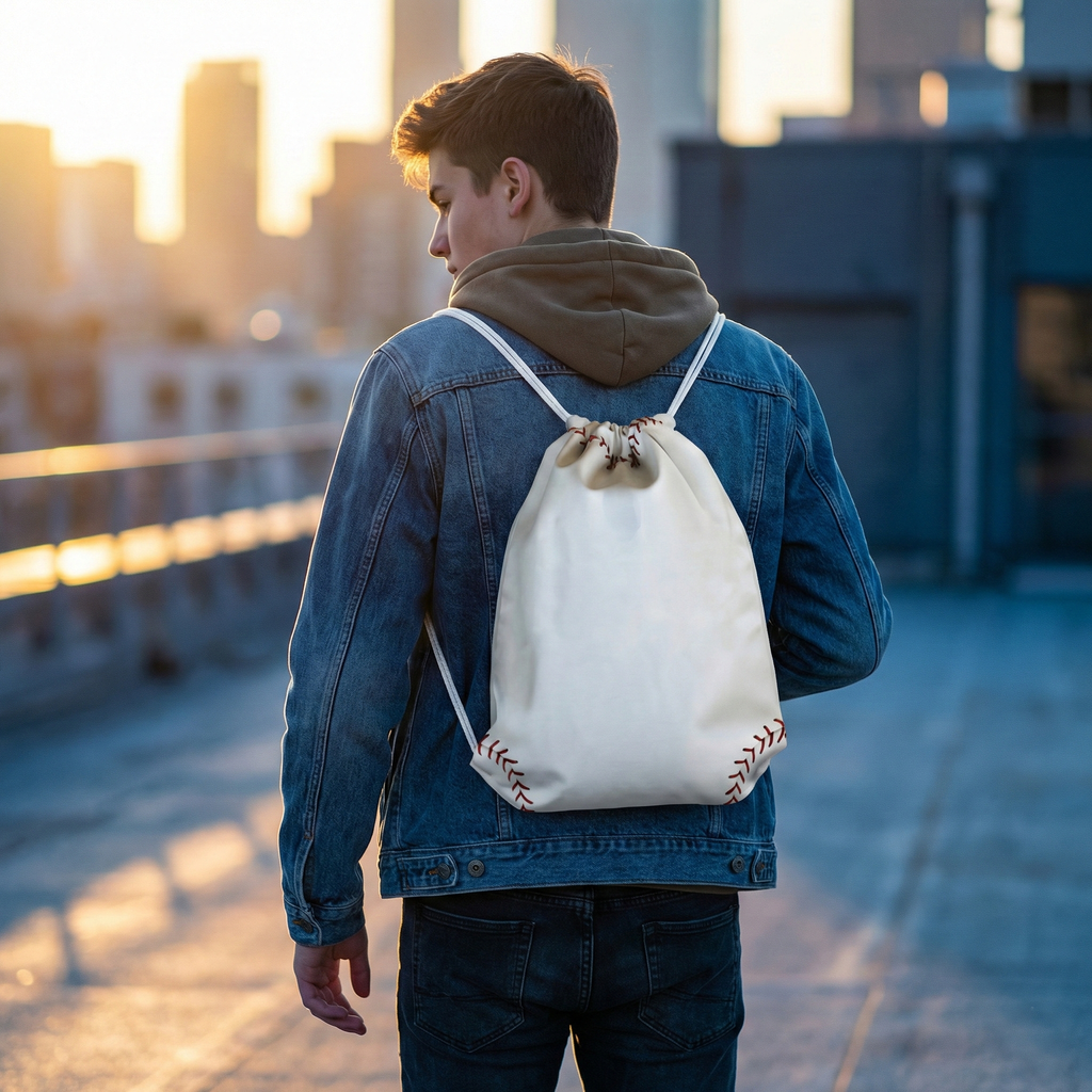 white baseball backpack drawstring bag on a guy in the city