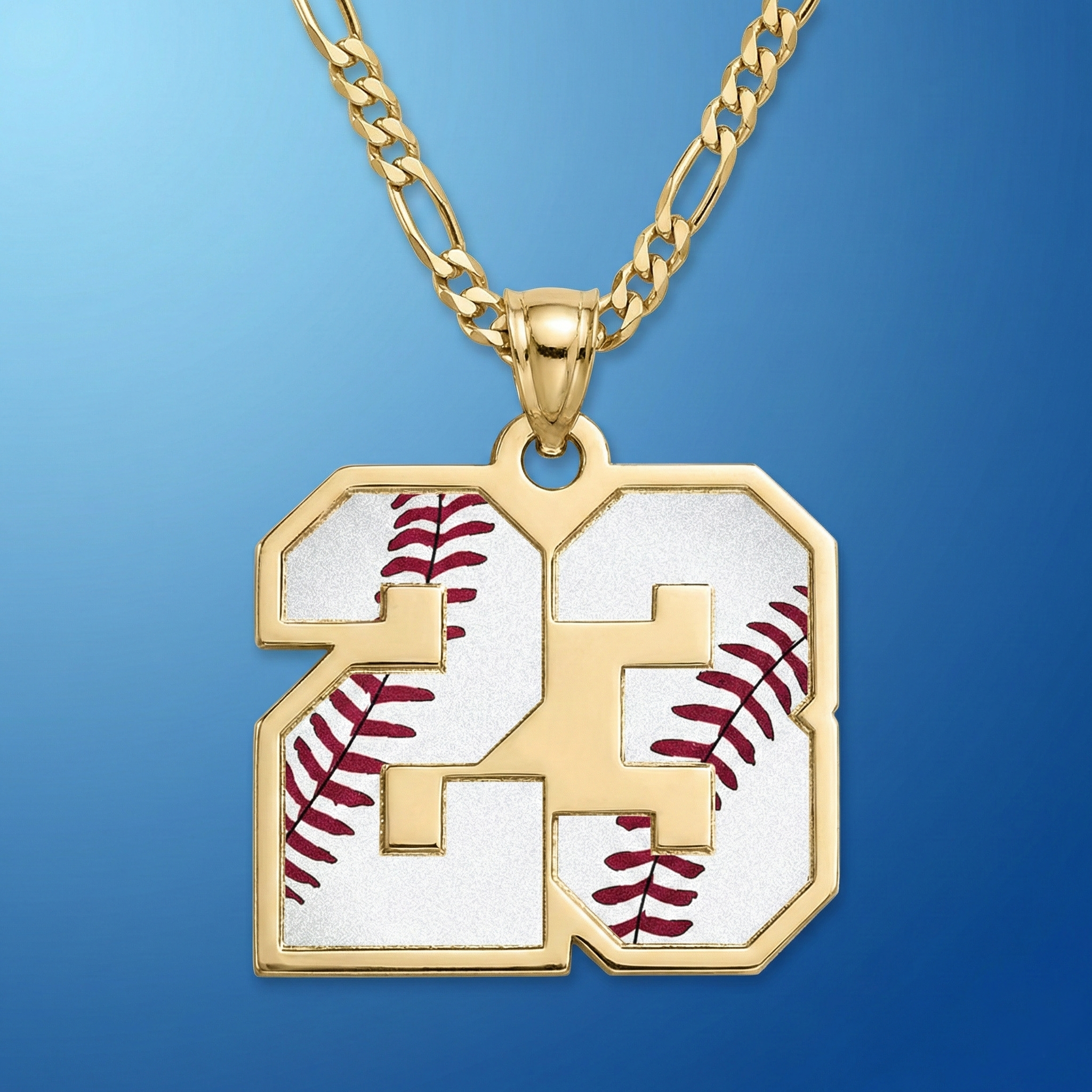 custom baseball number pendant on gold figaro necklace above blue gradient background