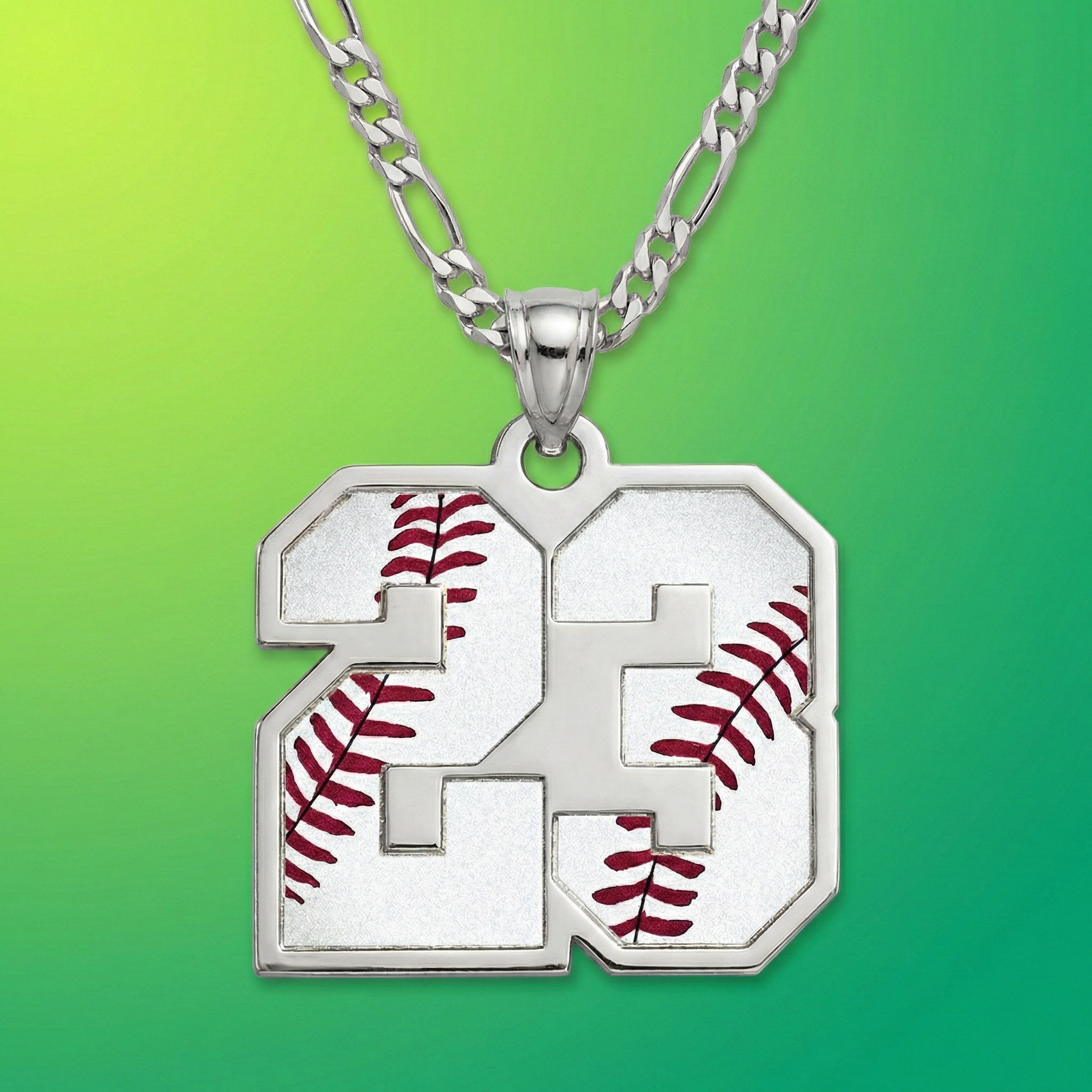 Silver custom necklace with a pendant featuring the number 23 and baseball design on a green and yellow gradient background.