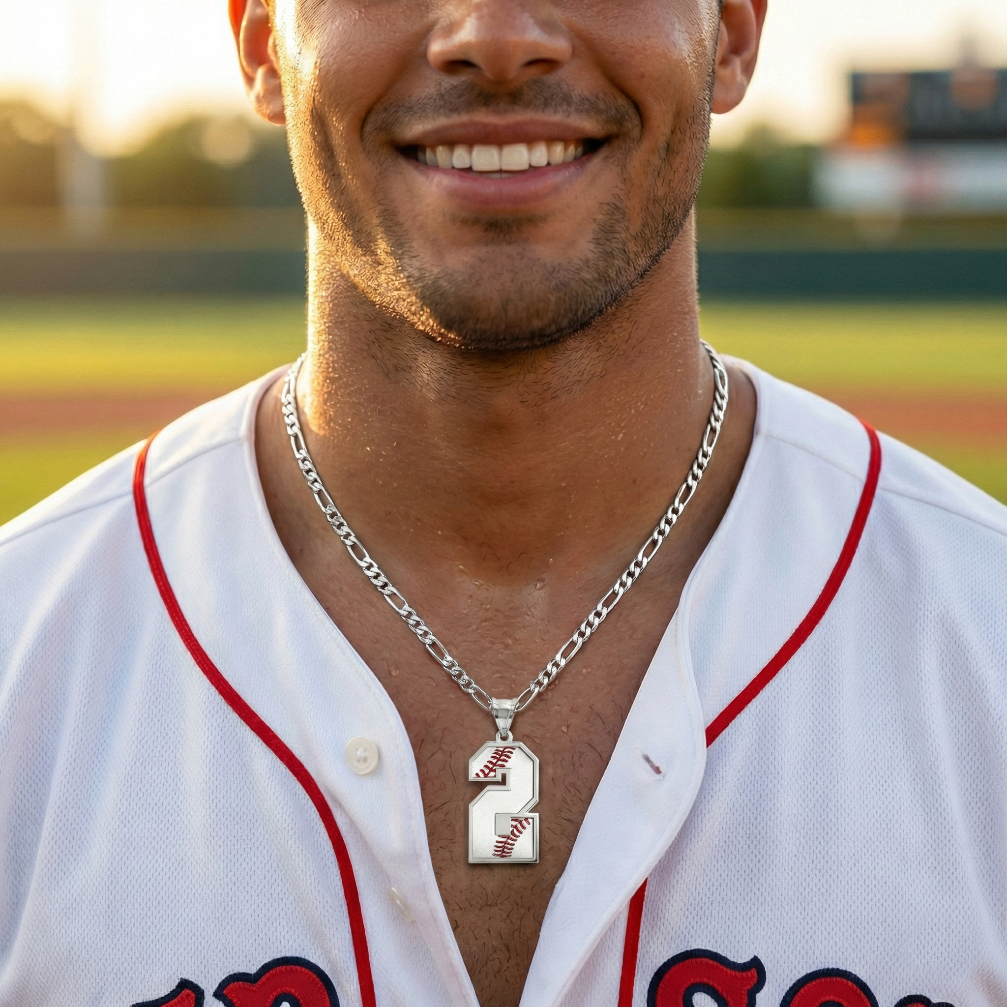 Baseball player wearing a necklace with a number 2 pendant on a baseball field.