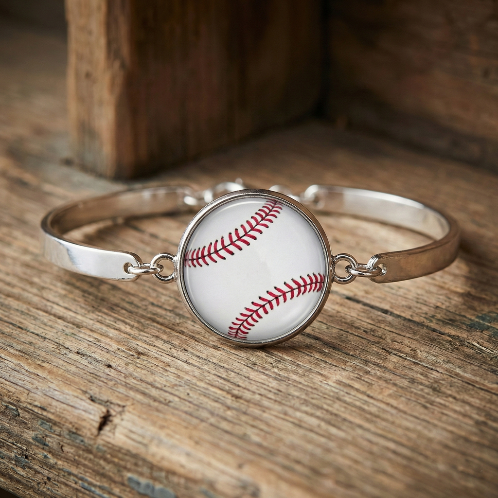White Baseball Silver Bracelet displayed on wood