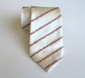Baseball-themed tie with red stitching pattern on a white background