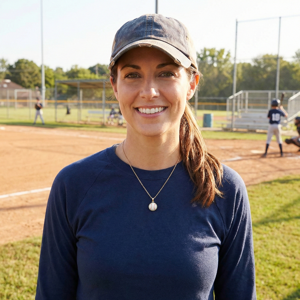 Woman wearing a gold baseball necklace, navy blue shirt and cap on a baseball field