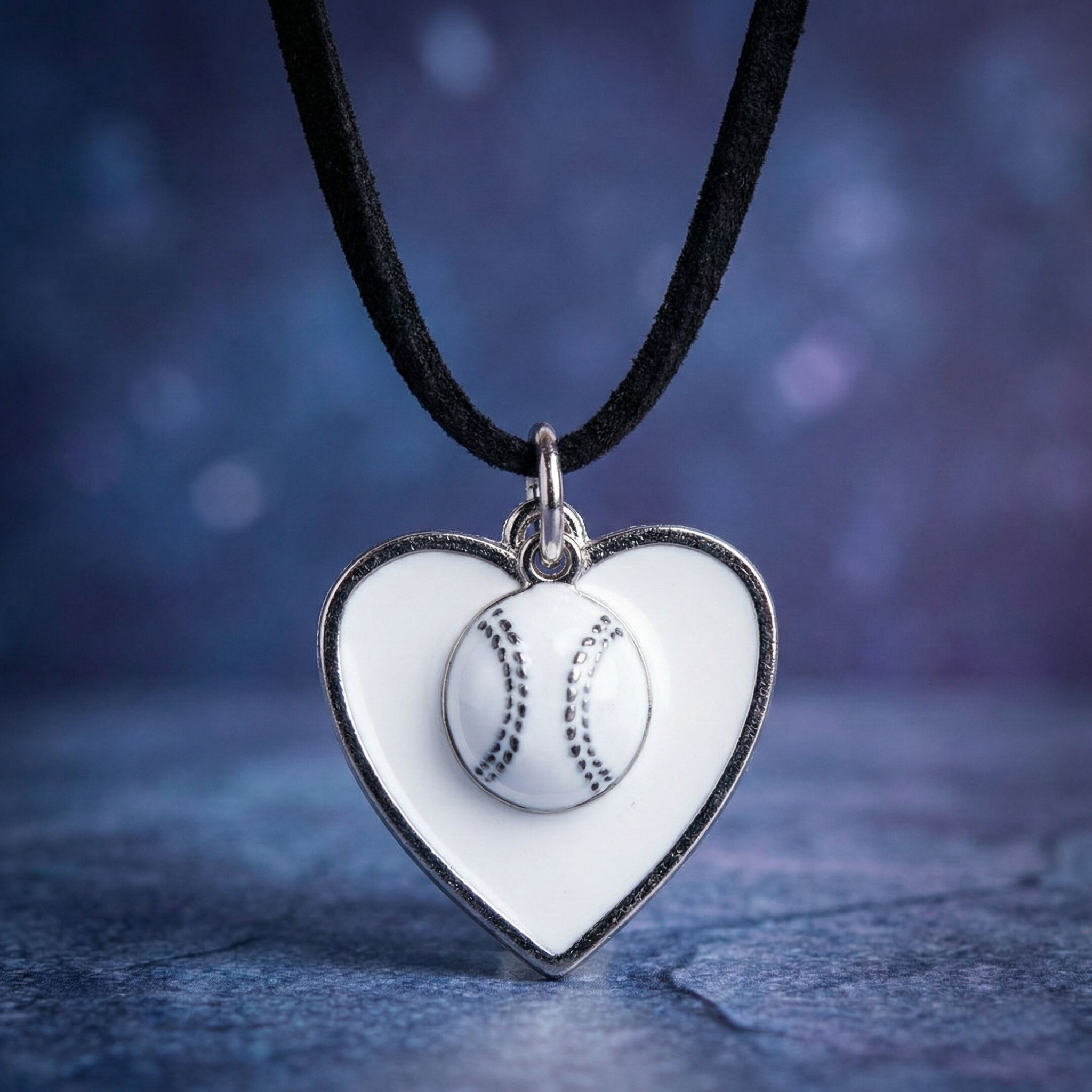 baseball white heart cord necklace on blurry background