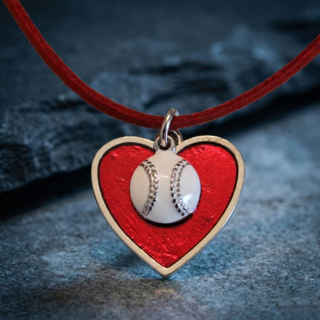 white baseball red heart necklace on slate background