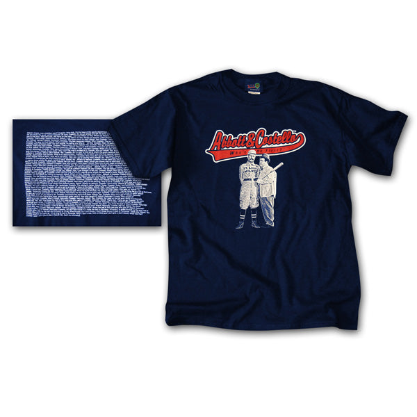 Navy blue t-shirt with vintage who's on first illustration and text on a white background