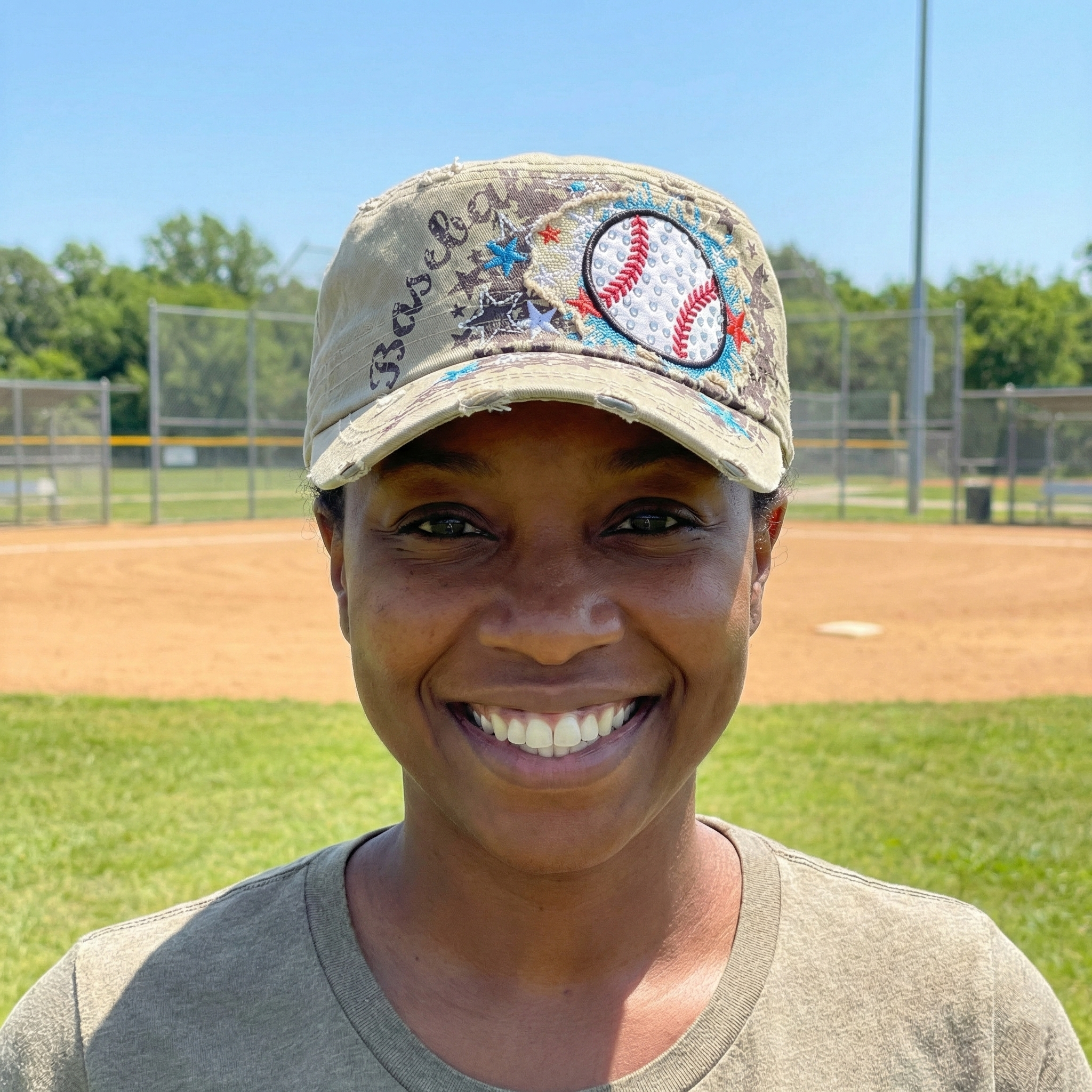 khaki baseball splash rhinestone cadet style cap on a woman at the local baseball field