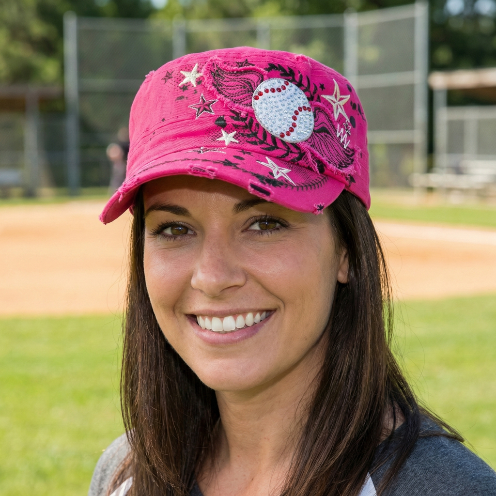 Women's vintage wings pink baseball hat worn by a pretty woman at the ballpark. Pink baseball cap.