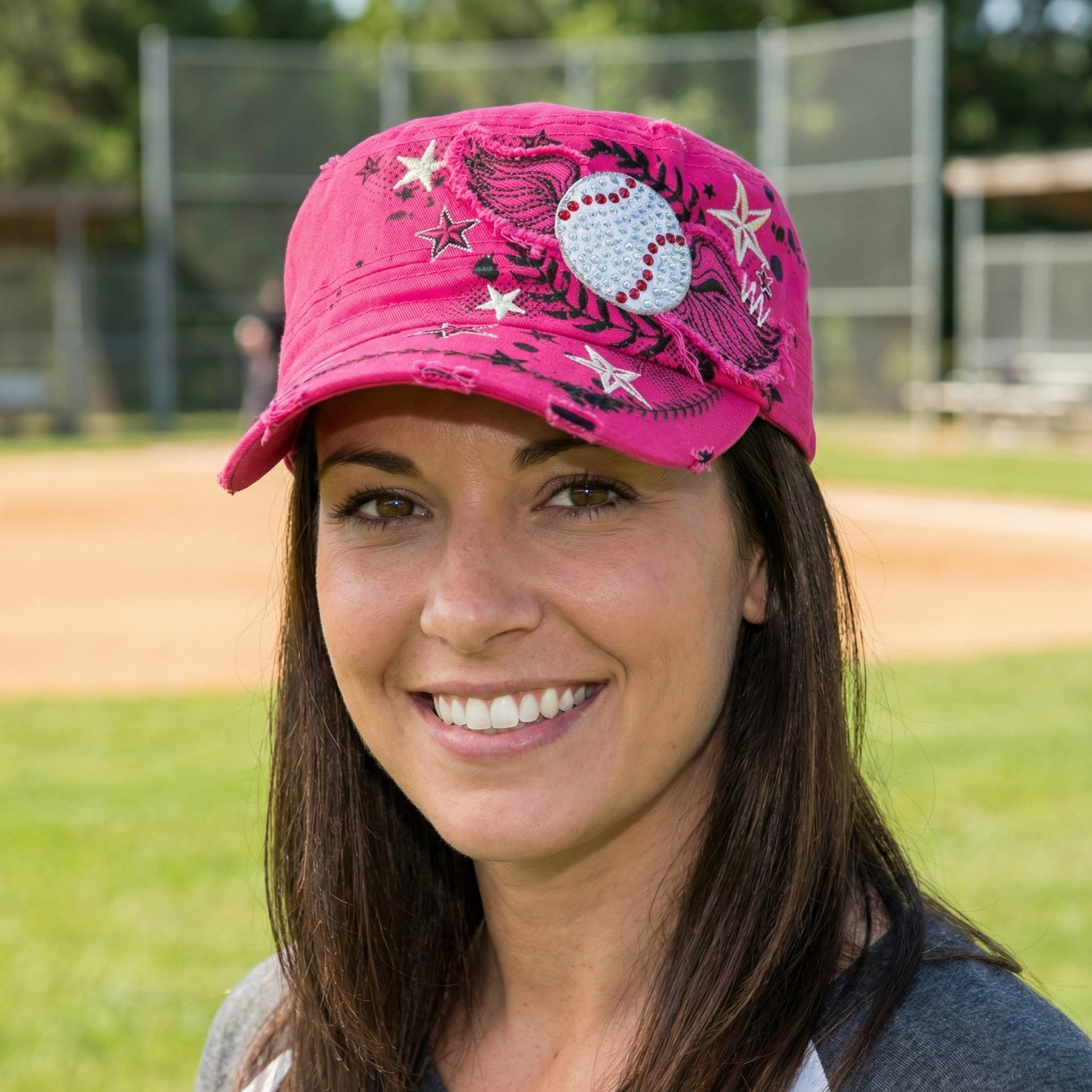 Women's vintage wings pink baseball hat worn by a pretty woman at the ballpark. Pink baseball cap.