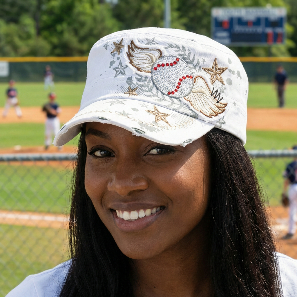 Women's vintage wings white baseball hat worn by a pretty woman at the ballpark. White baseball cap.