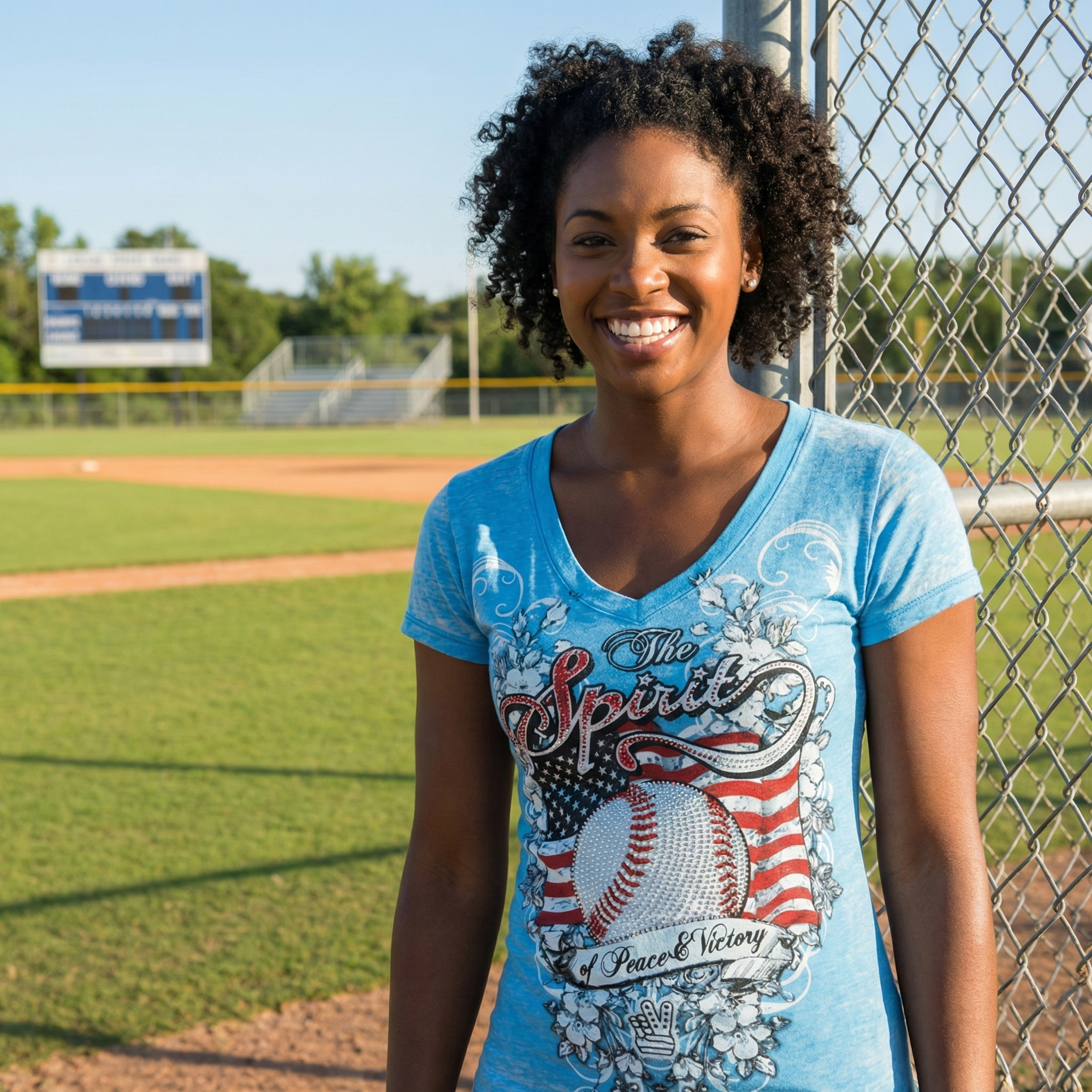 Woman wearing a blue rhinestones The Spirit t-shirt with a baseball design on a baseball field