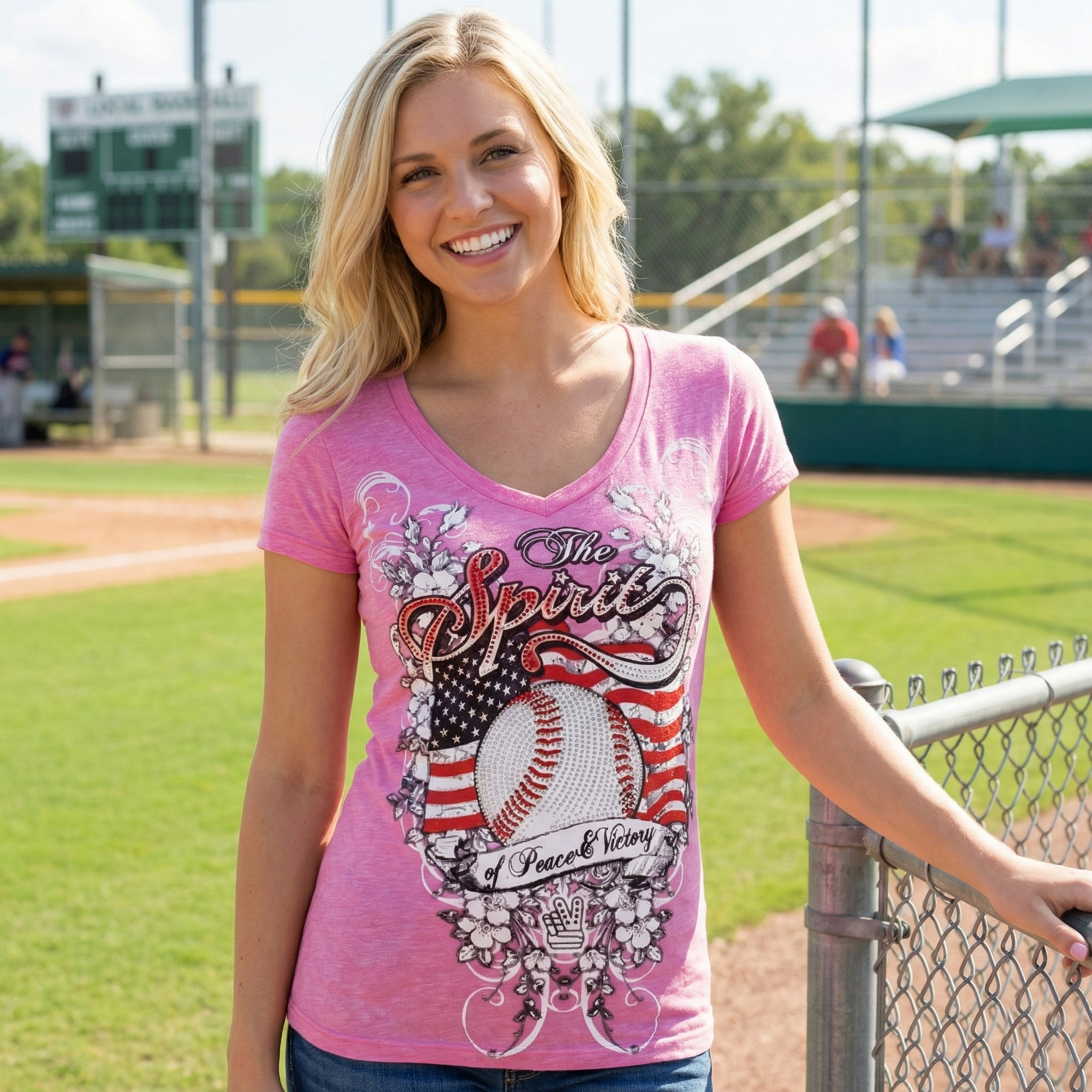 Woman wearing a pink baseball t-shirt with a graphic design on a baseball field