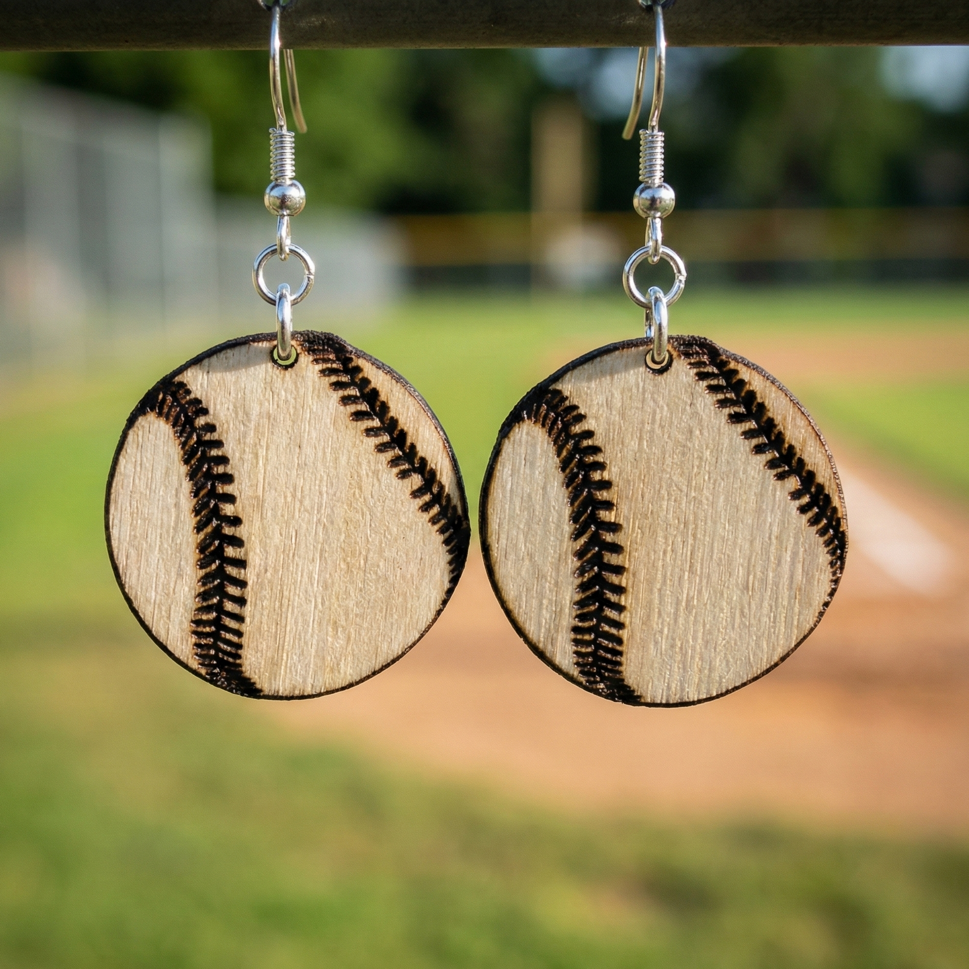 Wooden baseball earrings with black stitching detail on a blurred baseball field background