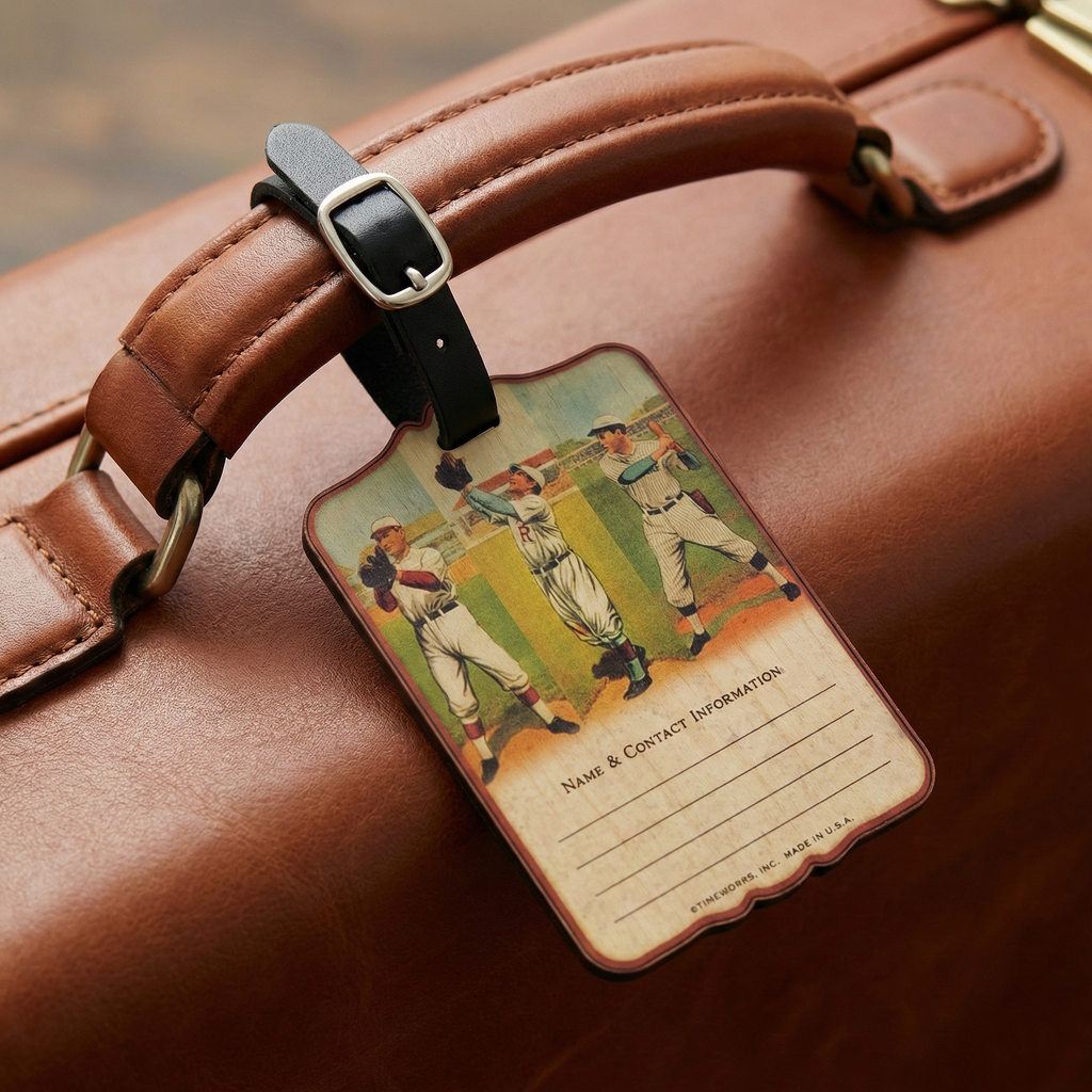 Wooden baseball luggage bag tag on a nice leather suitcase