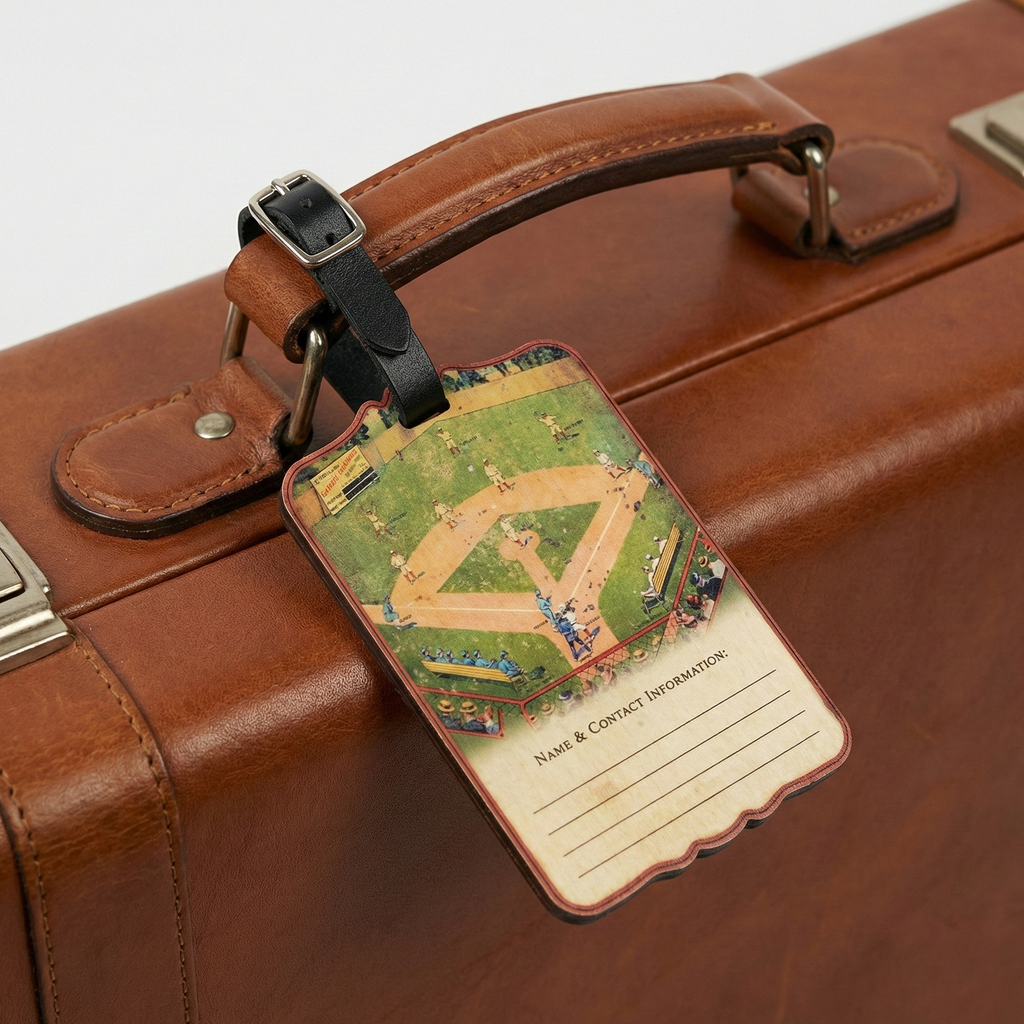Wooden baseball luggage bag tag on a nice leather suitcase