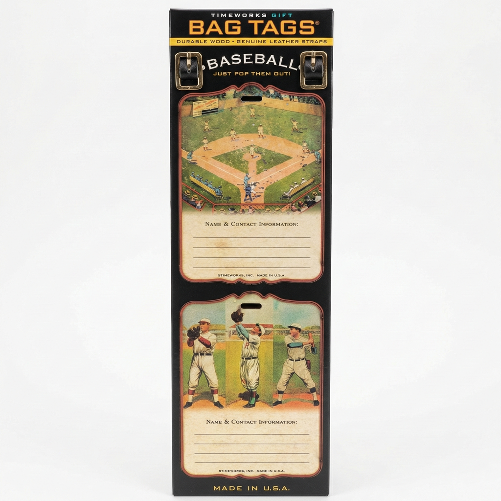 Wooden baseball luggage bag tags that are made in USA on white background