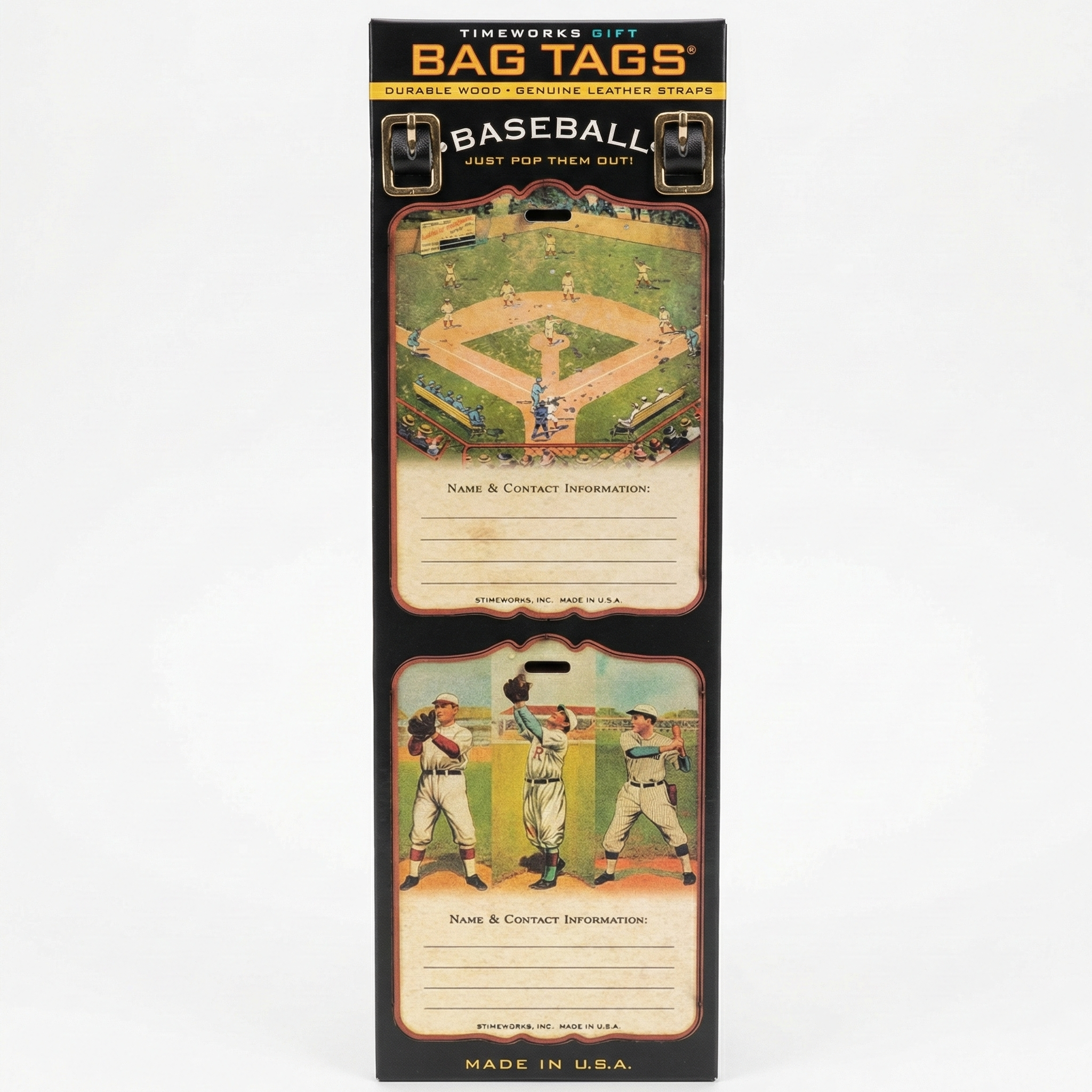 Wooden baseball luggage bag tags that are made in USA on white background