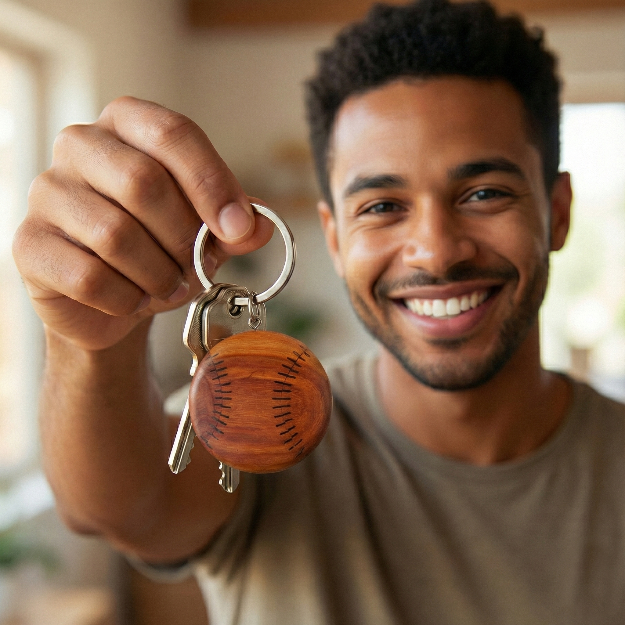 Man holding a keychain with a wooden baseball design, smiling indoors.