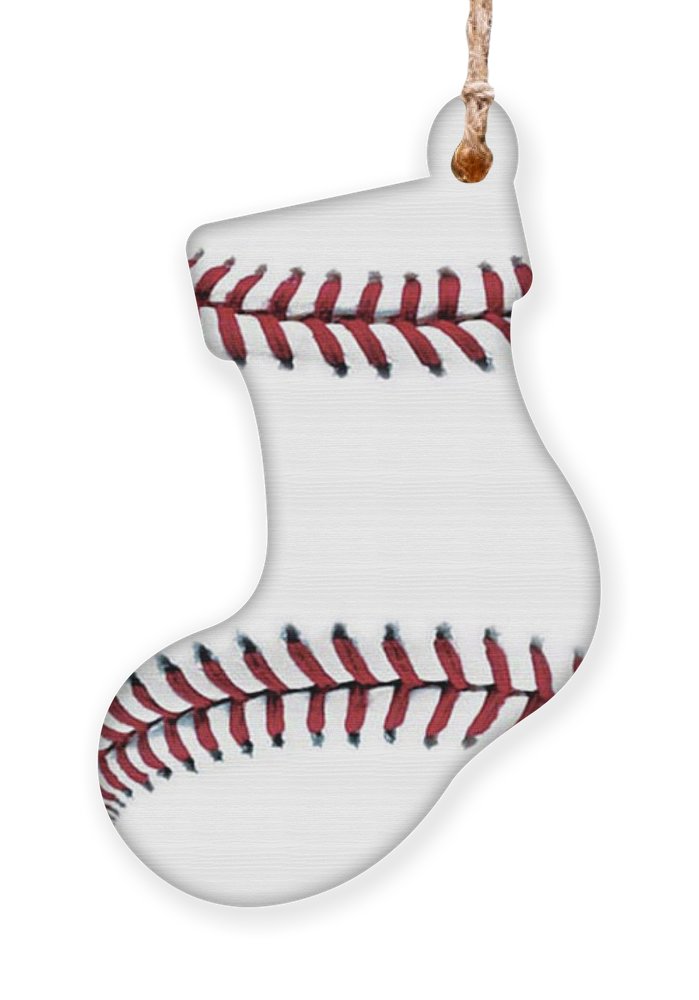Baseball Wooden Christmas Stocking Ornament with baseball pattern on a white background