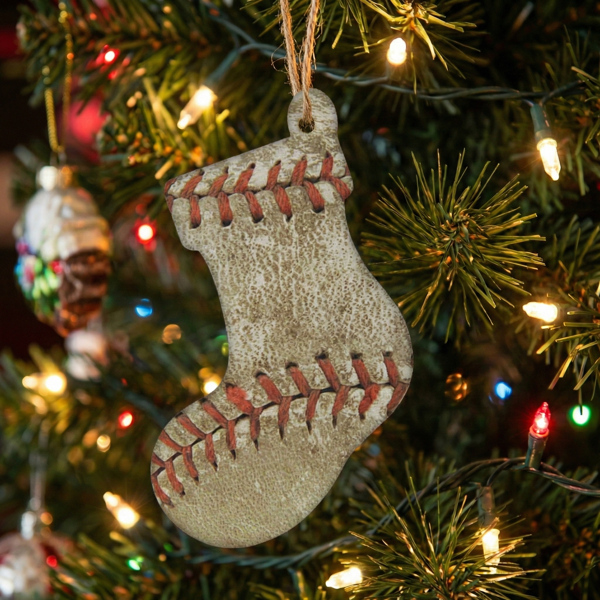 Baseball Wooden Christmas Stocking Ornament on a Christmas tree with lights.