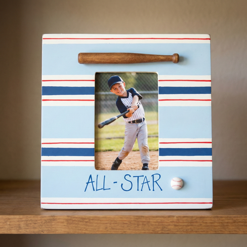 All-Star Baseball Wooden 4x6 Picture Frame on a wooden shelf