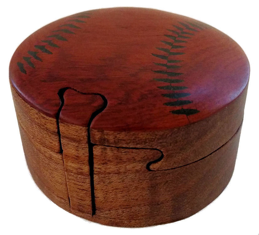 Wooden Baseball Puzzle Box with a lid featuring a cut-out design on a white background