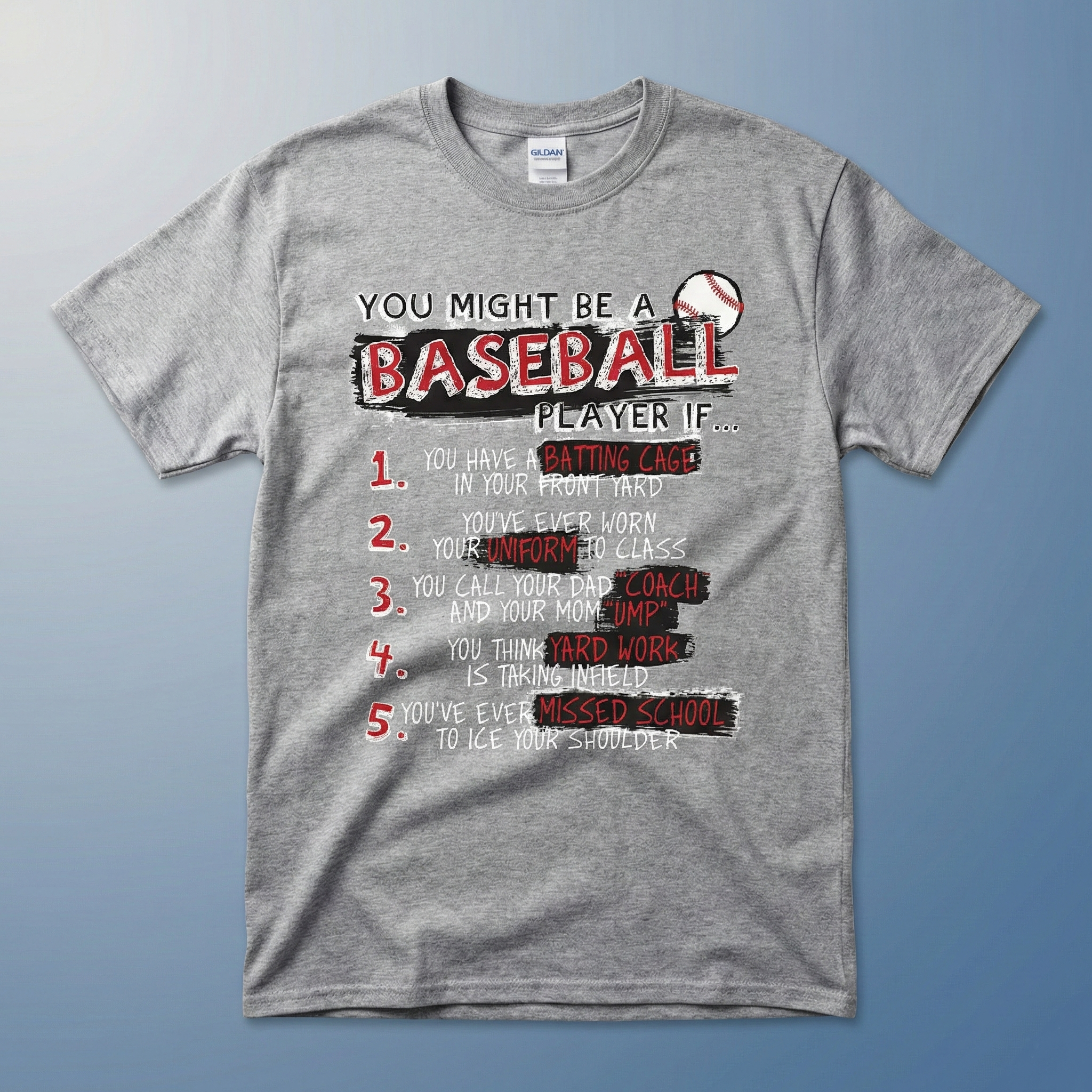 Gray funny t-shirt with humorous baseball-themed text on a blue background